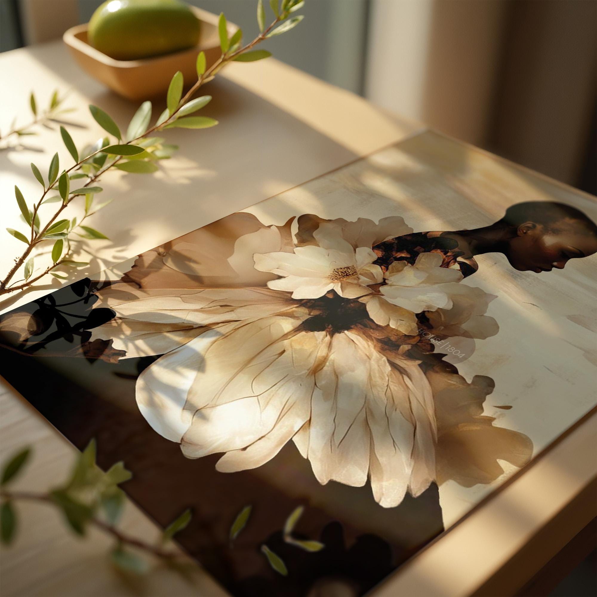 Abstract Black Woman Floral Art Print: Boho Home Decor