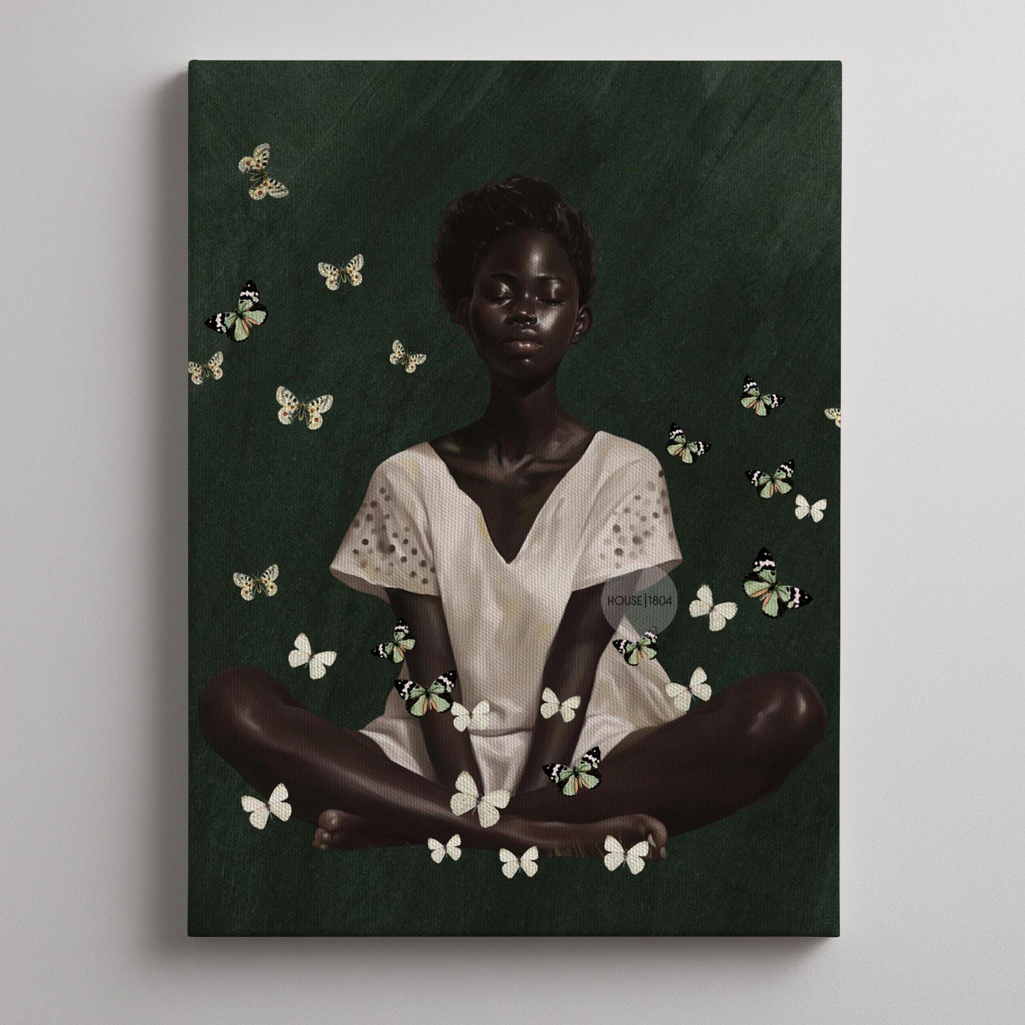 Black Woman Wall Art – Deep Green Serene Art Print With White Butterfly Portrait