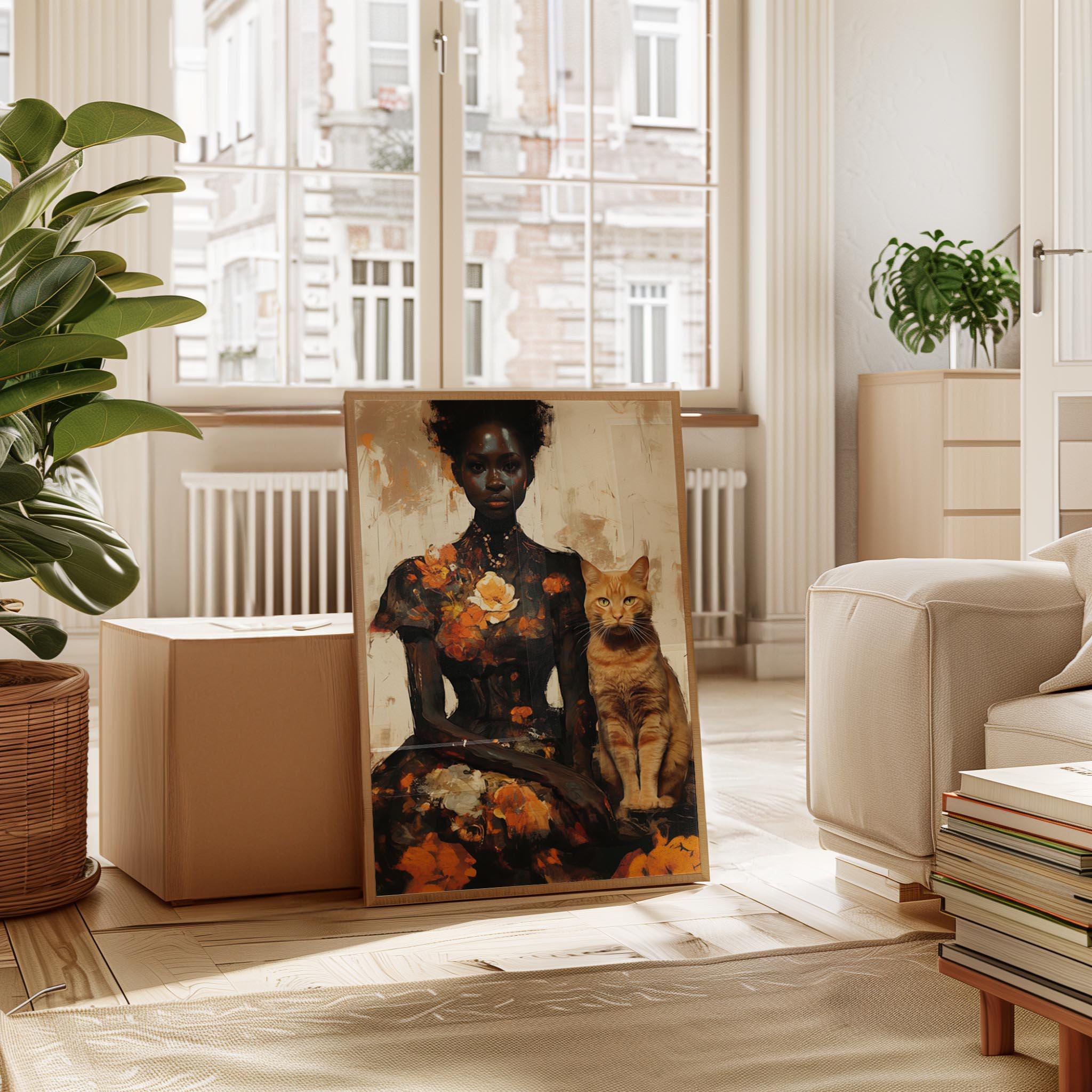 Abstract Black Woman Art, Black Woman Flower Art, Black Woman Cat Lady, Lady with Cat Art, Ginger Cat Art, Black People Pet, Orange Cat Lady