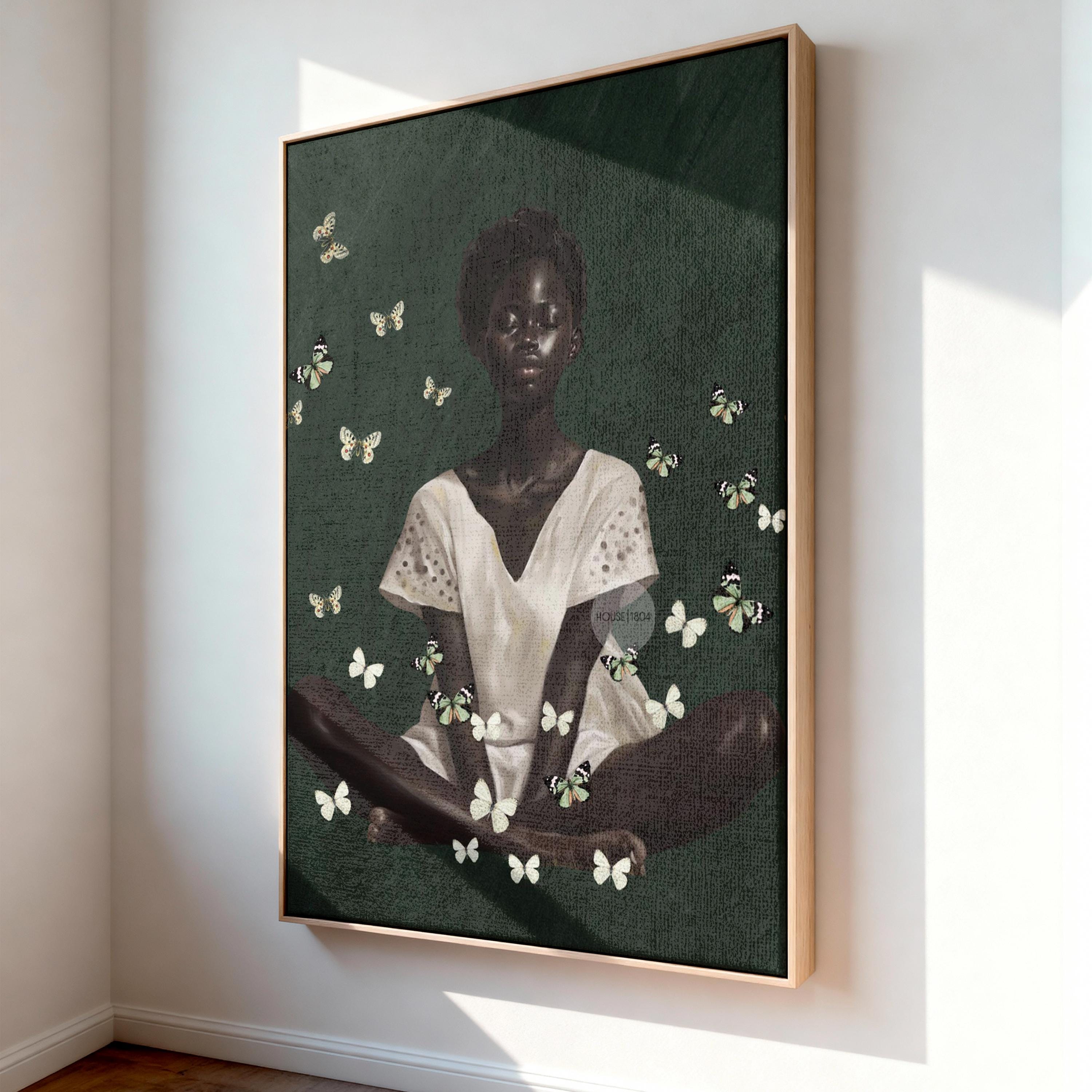 Black Woman Wall Art – Deep Green Serene Art Print With White Butterfly Portrait