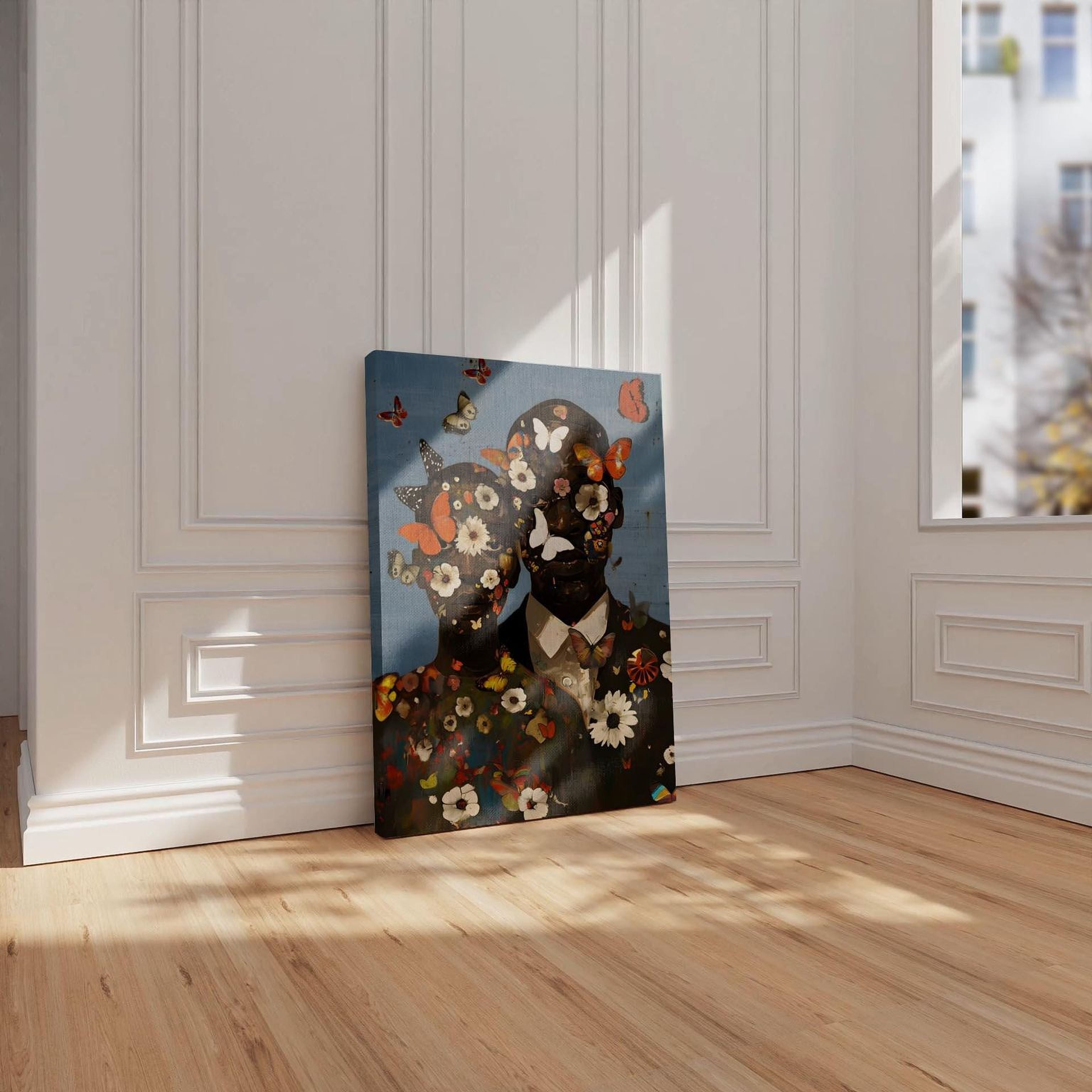 A couple, man and woman, with a faces covered in colorful, bold flowers and butterflies. The background is a digitally textured blue color with butterflies and flowers scattered throughout. Stretched canvas.