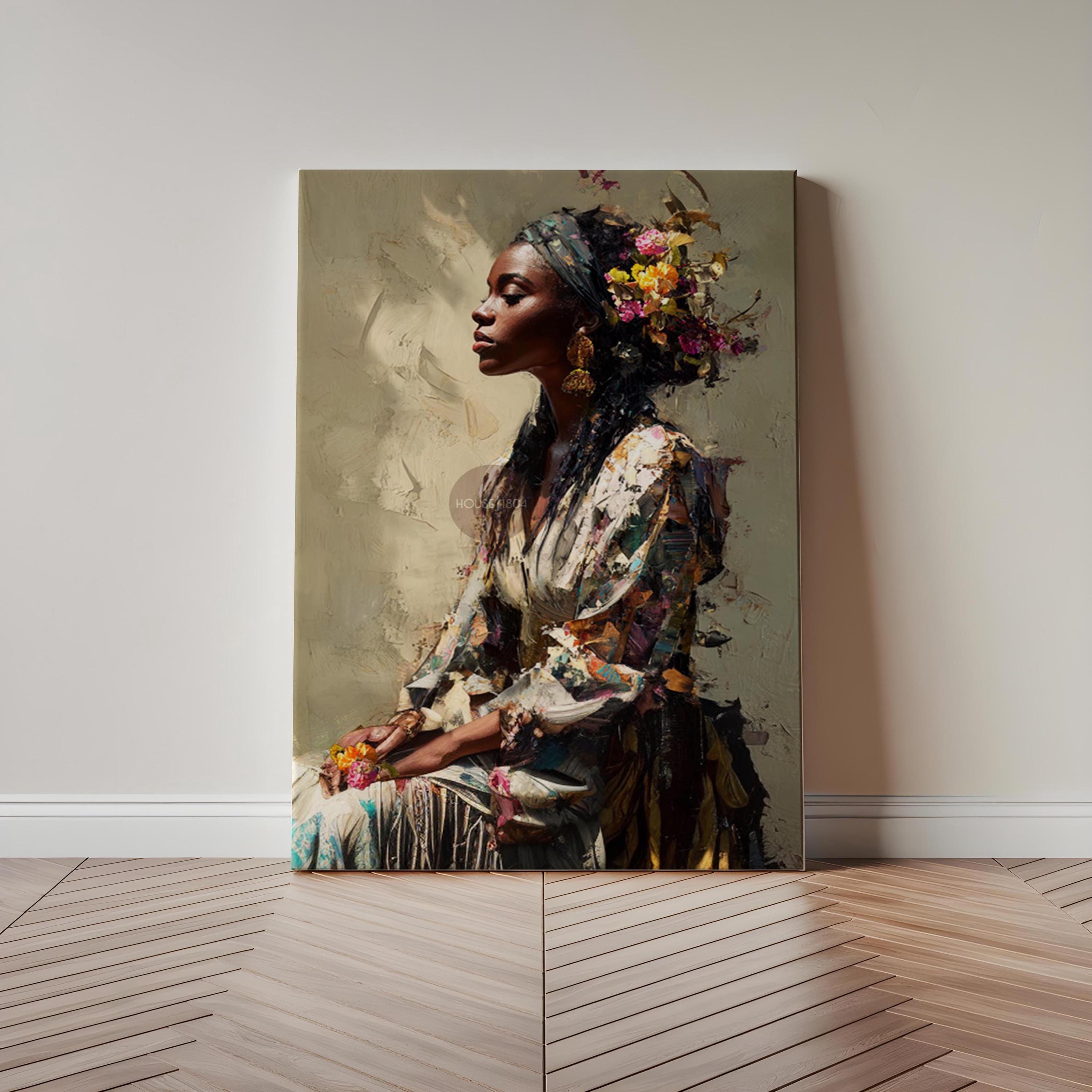Black Woman Portrait Art Print: Modern African American Beige Background