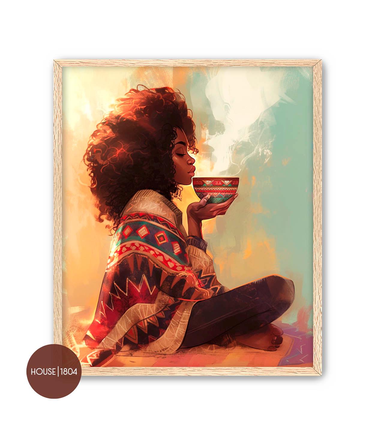 Black Woman Self care, Black Woman Tea Wall Art, Coffee Tea Lover Gift, Black Woman Relaxing Wall, Black Bohemian Art, Black Woman Wall Art