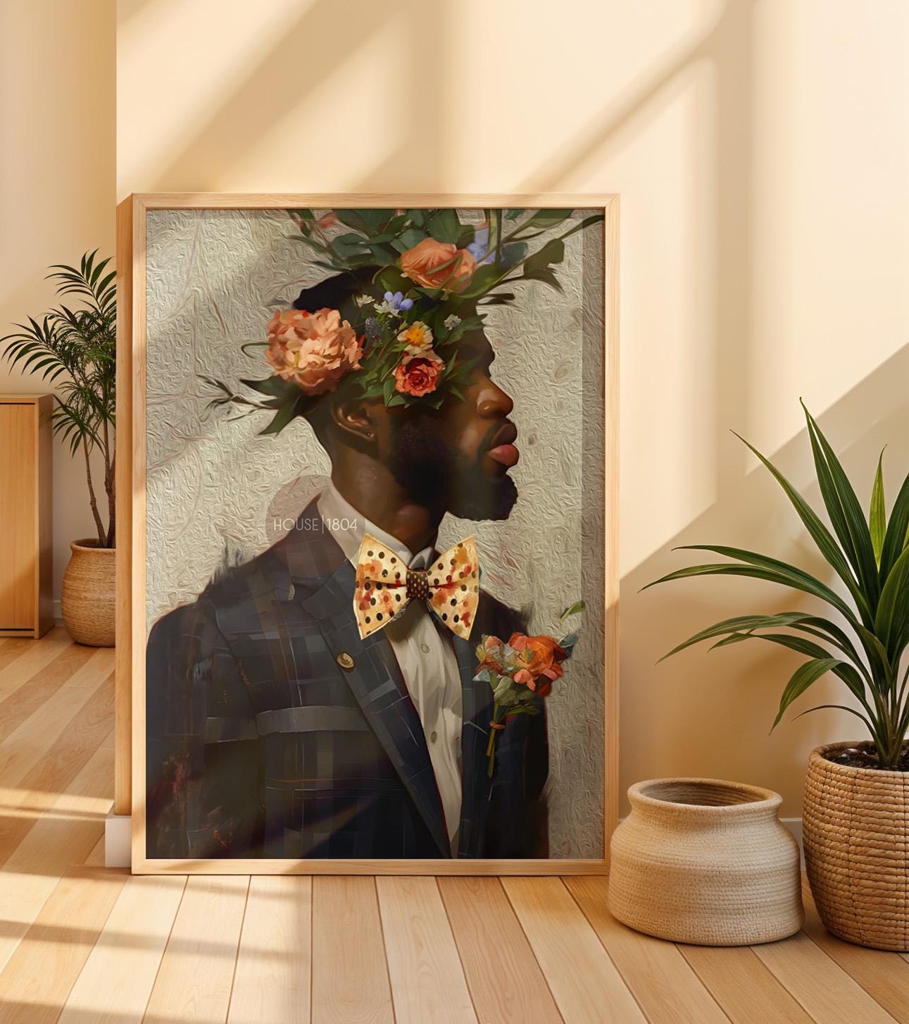 Black Man Suit Wall Art, Flower Beard Art, Vintage Portrait,
