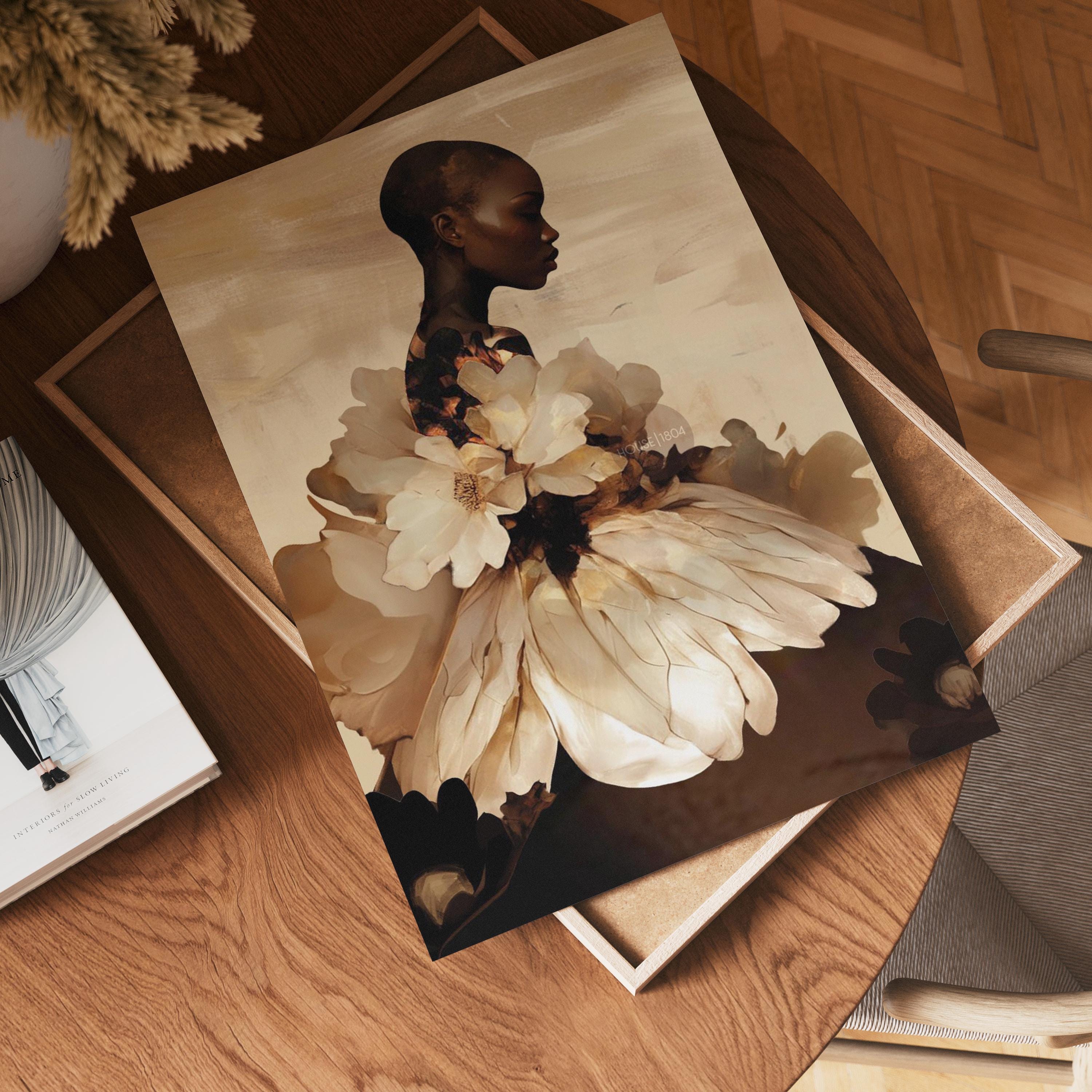 Abstract Black Woman Floral Art Print: Boho Home Decor