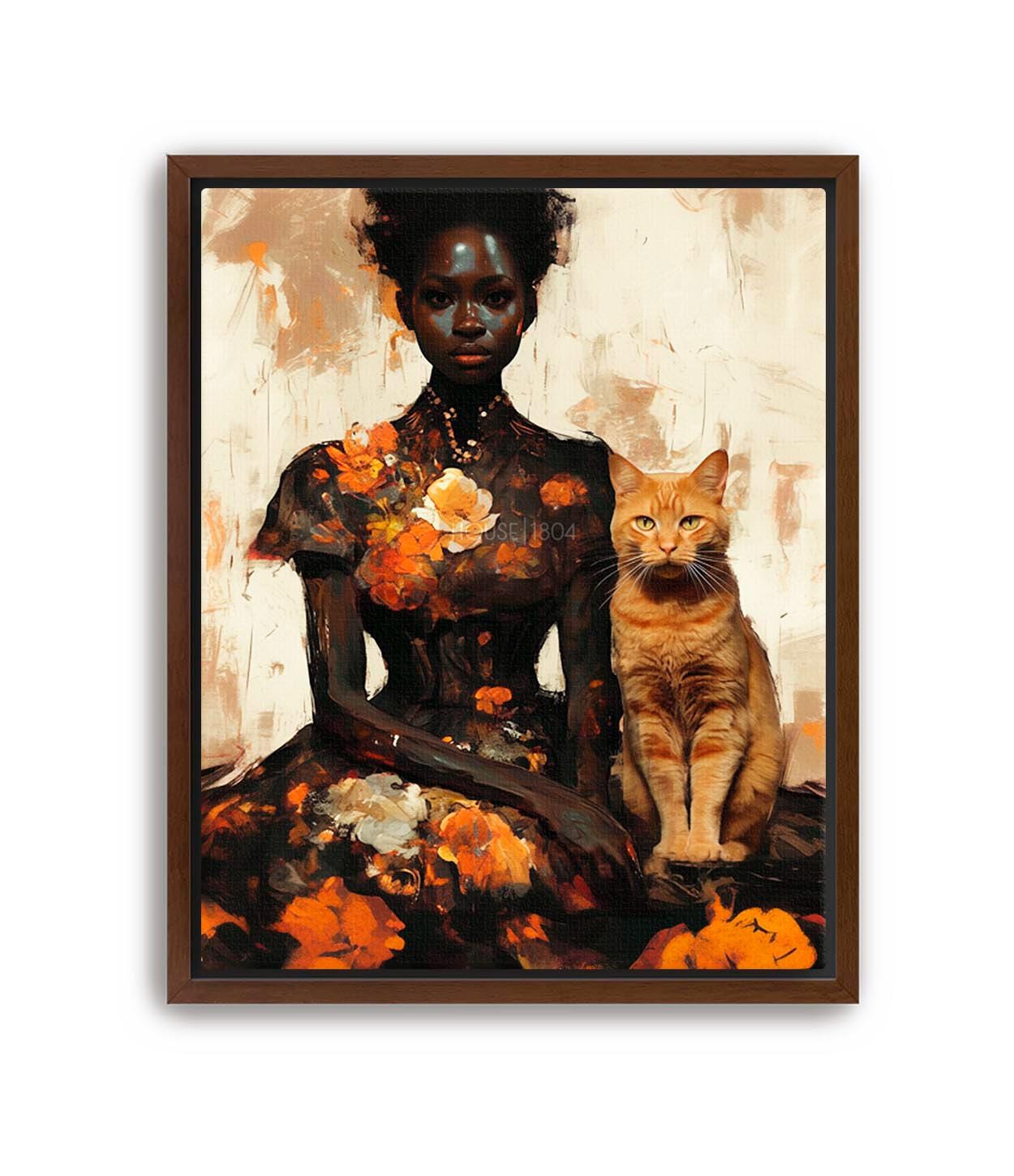 Abstract Black Woman Art, Black Woman Flower Art, Black Woman Cat Lady, Lady with Cat Art, Ginger Cat Art, Black People Pet, Orange Cat Lady