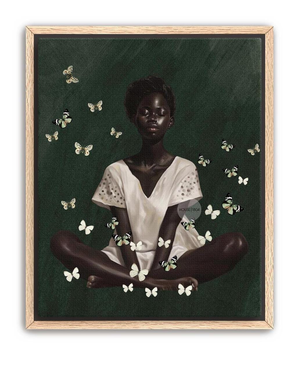 Black Woman Wall Art – Deep Green Serene Art Print With White Butterfly Portrait
