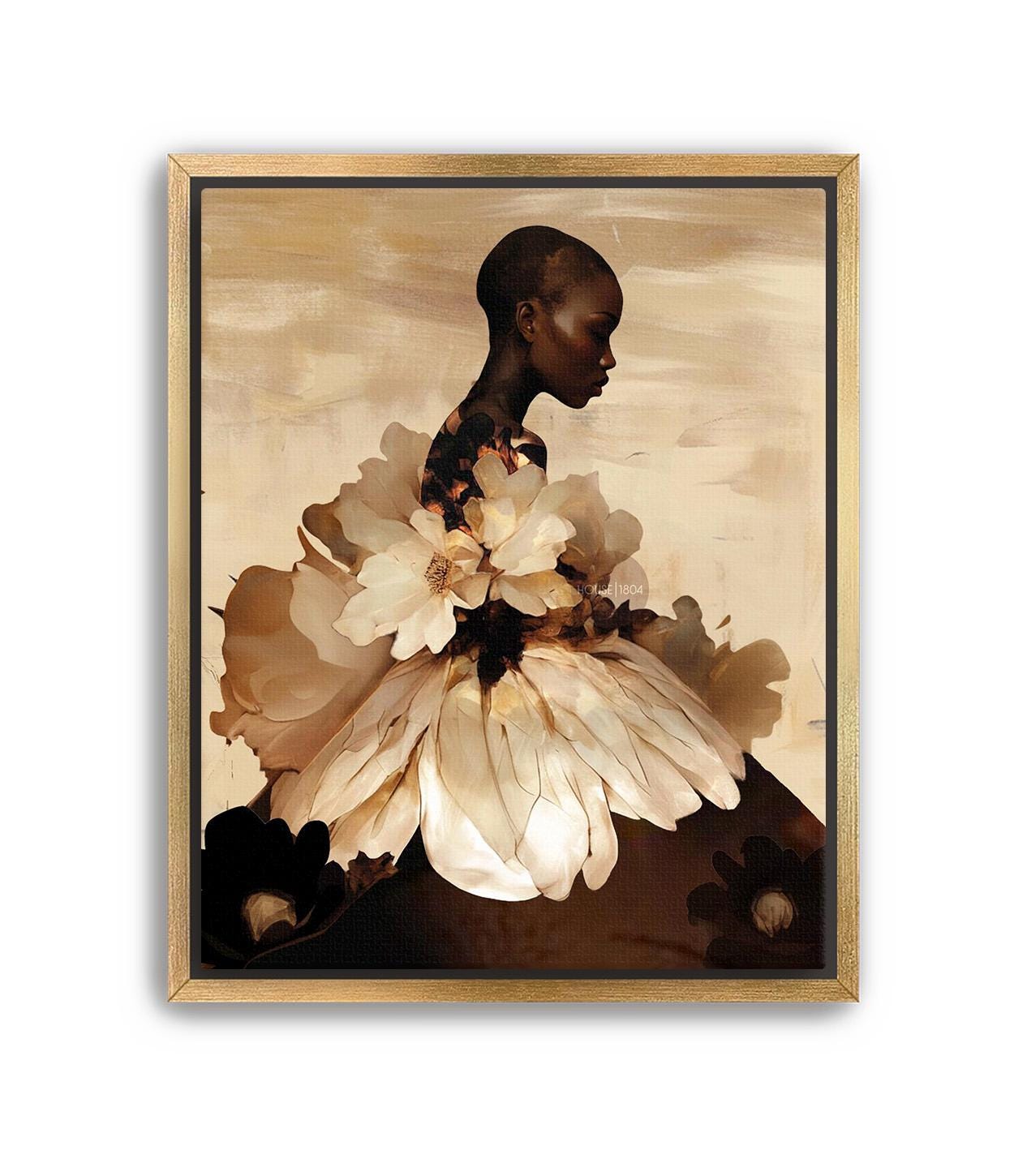Abstract Black Woman Floral Art Print: Boho Home Decor