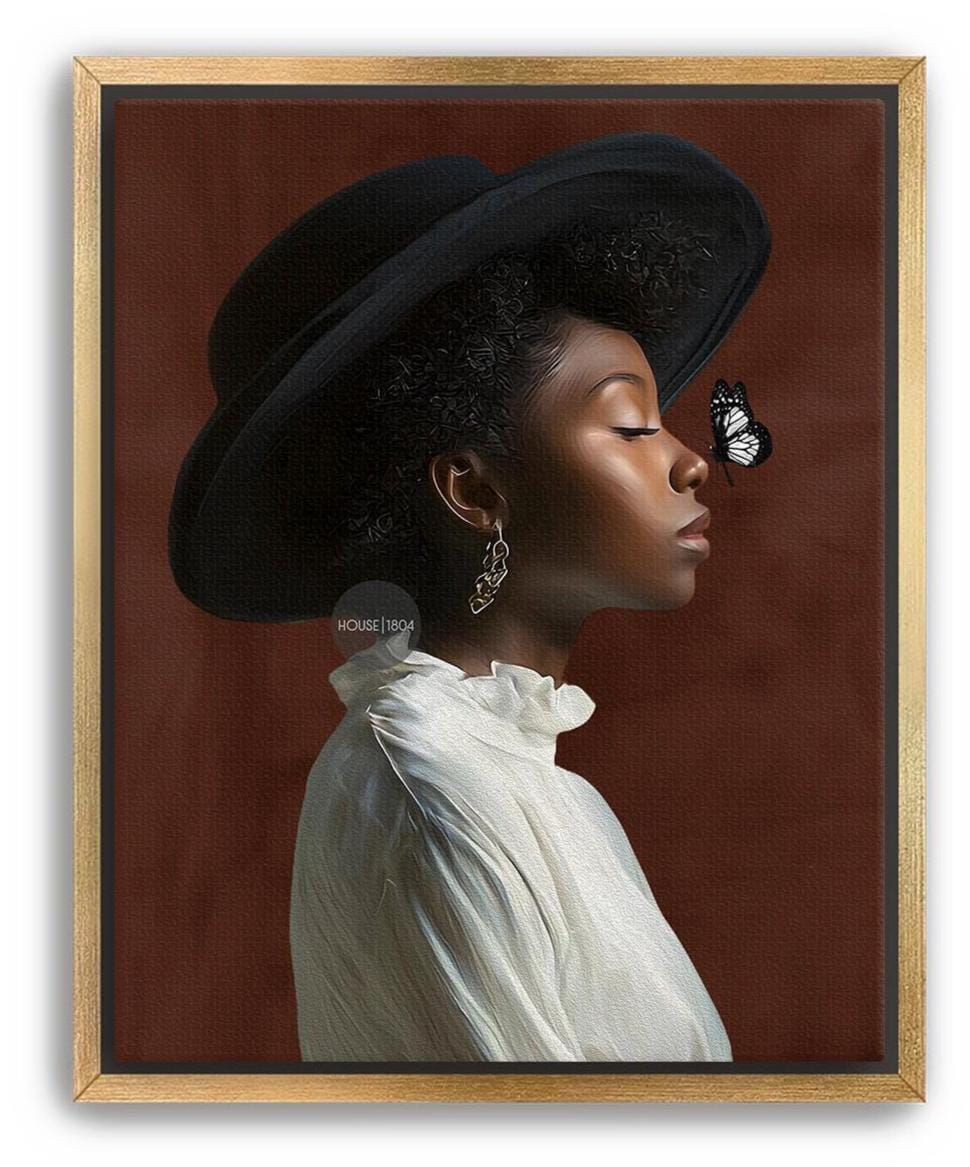 A woman wearing a large black hat and a white blouse is shown in profile, with a butterfly resting on her face.