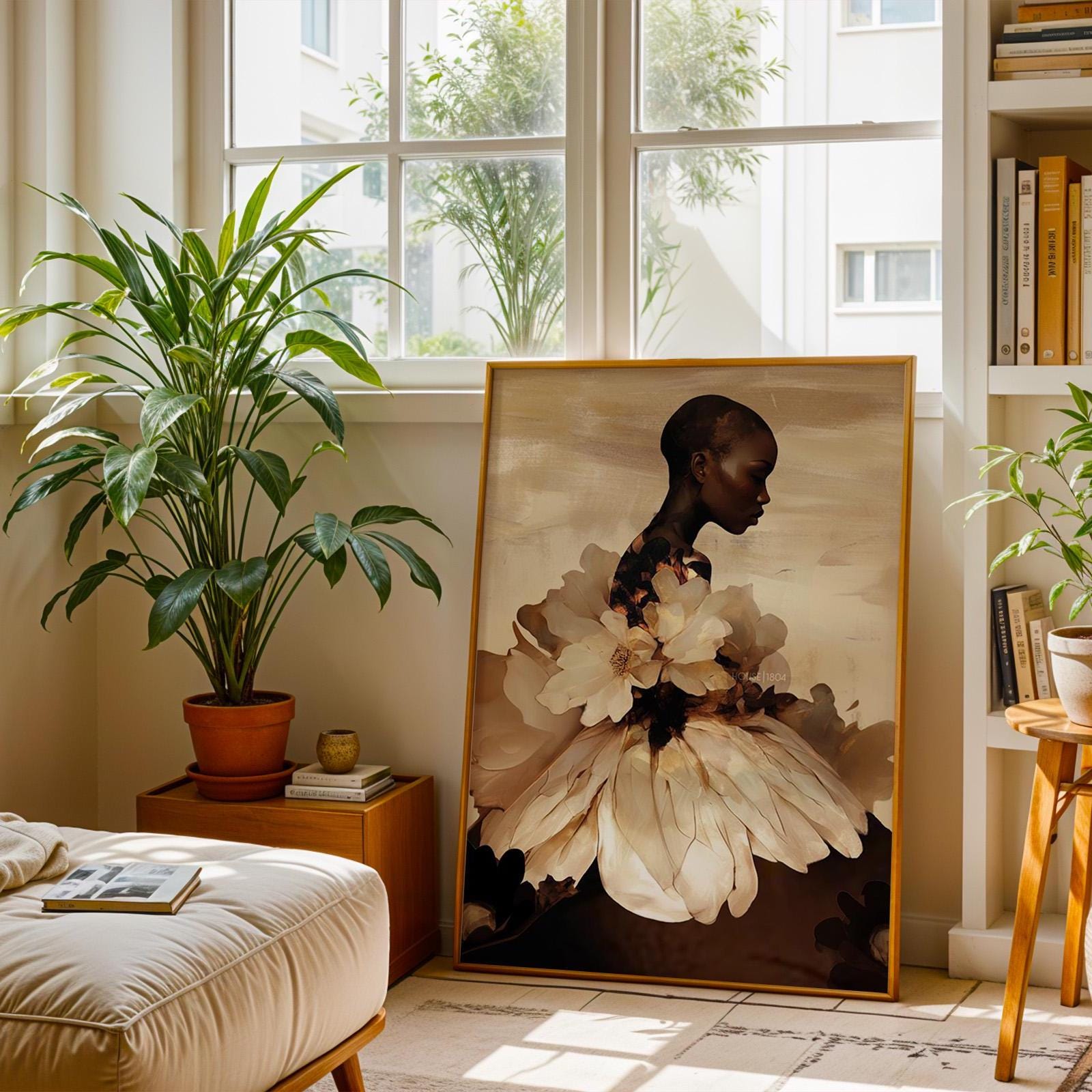 Abstract Black Woman Floral Art Print: Boho Home Decor