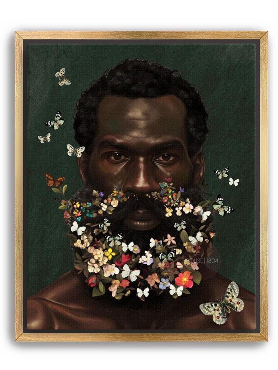 Floral Beard Art Print: Masculine Black Art, Melanin Home Decor