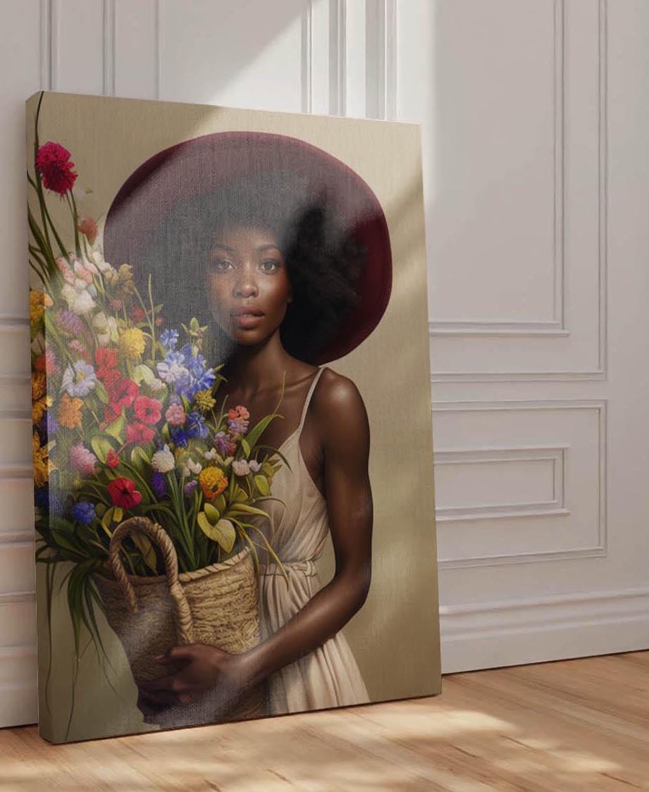 Black Plant Lady Art. Black Woman Art Print, Caribbean Woman Art, Black Home Decor, African American Art, Black Art Canvas, Black Planter