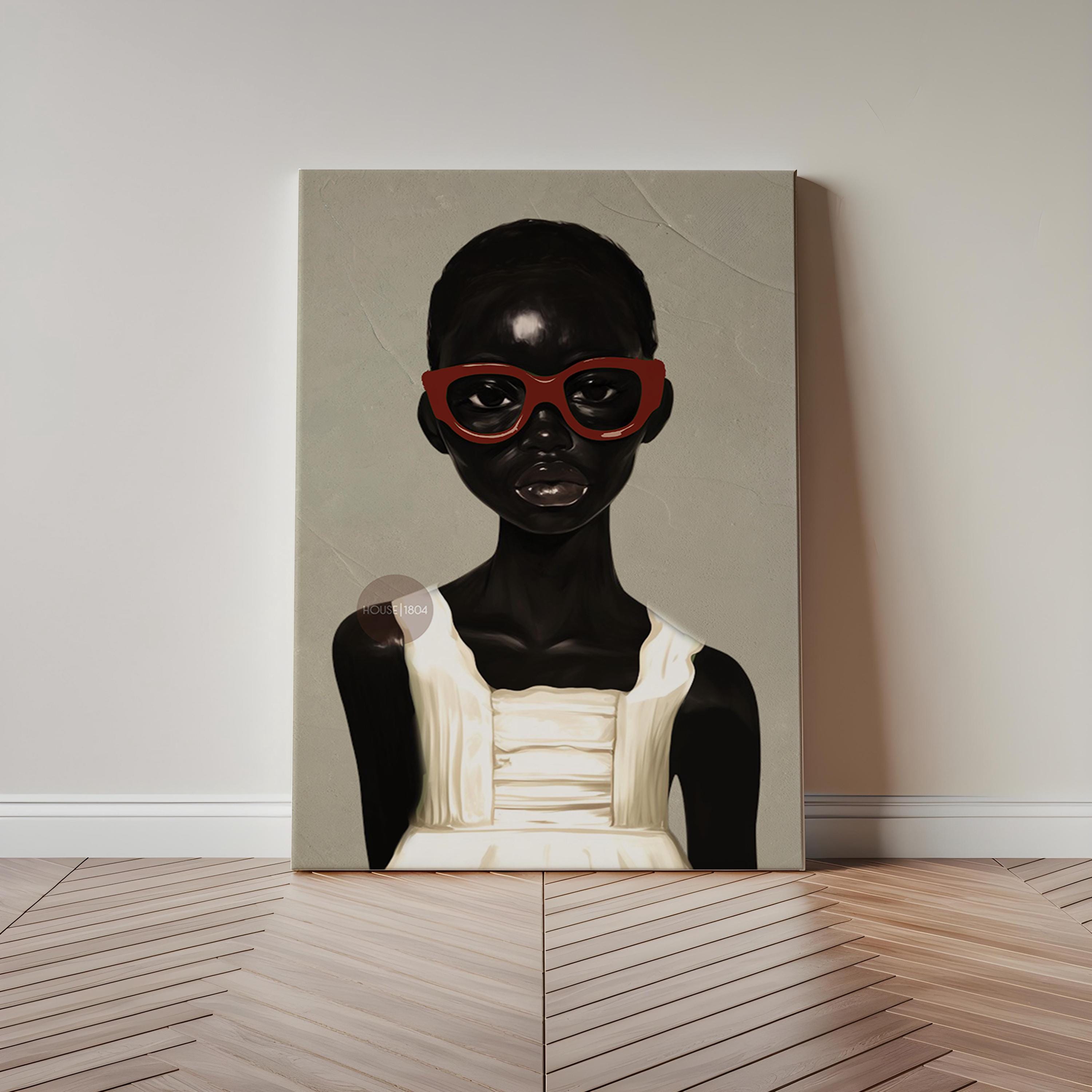 African American Girl Portrait Canvas Print, Red Burgundy + Beige