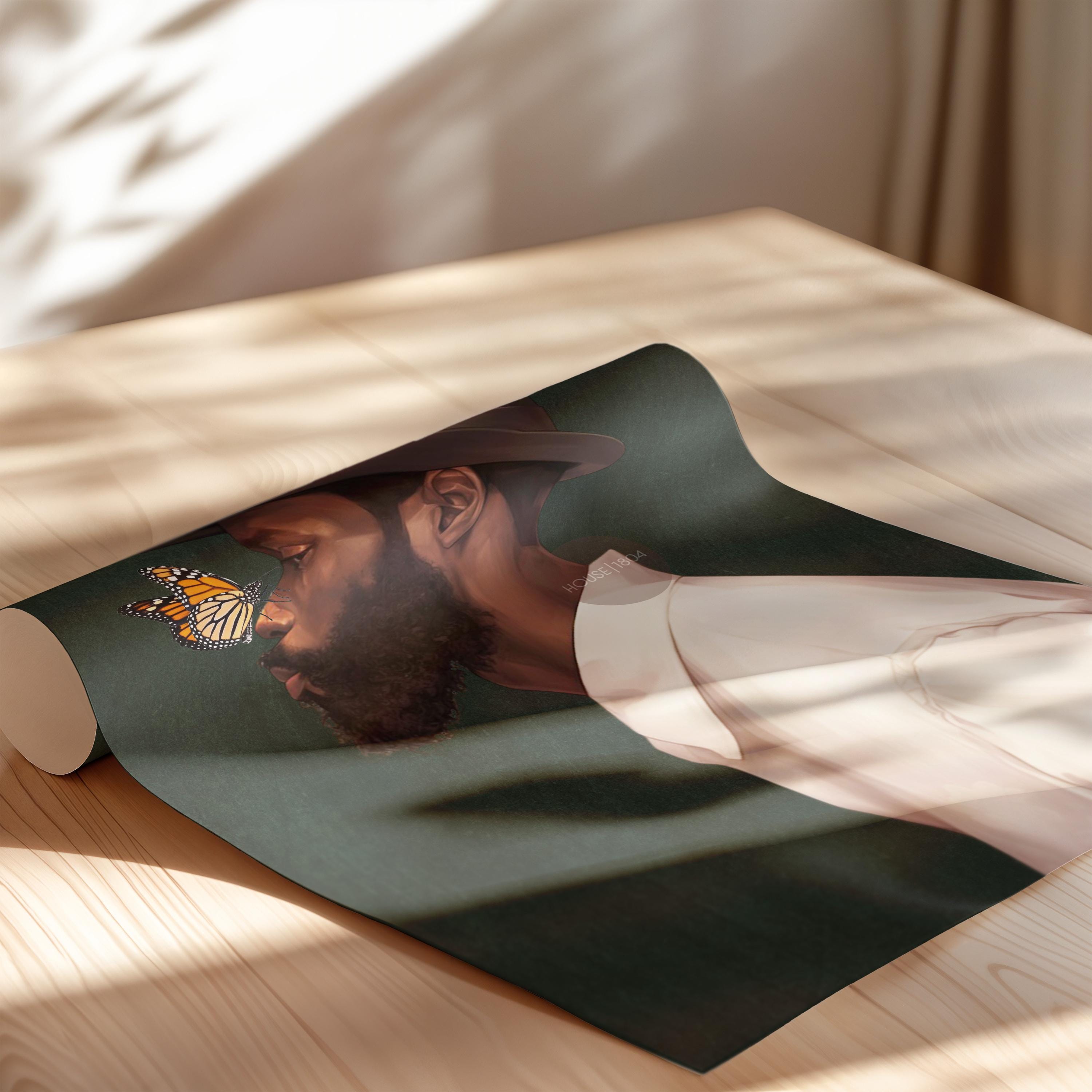 Black Man Side Top Hat Art Print: Butterfly, Afrocentric Green Art Decor