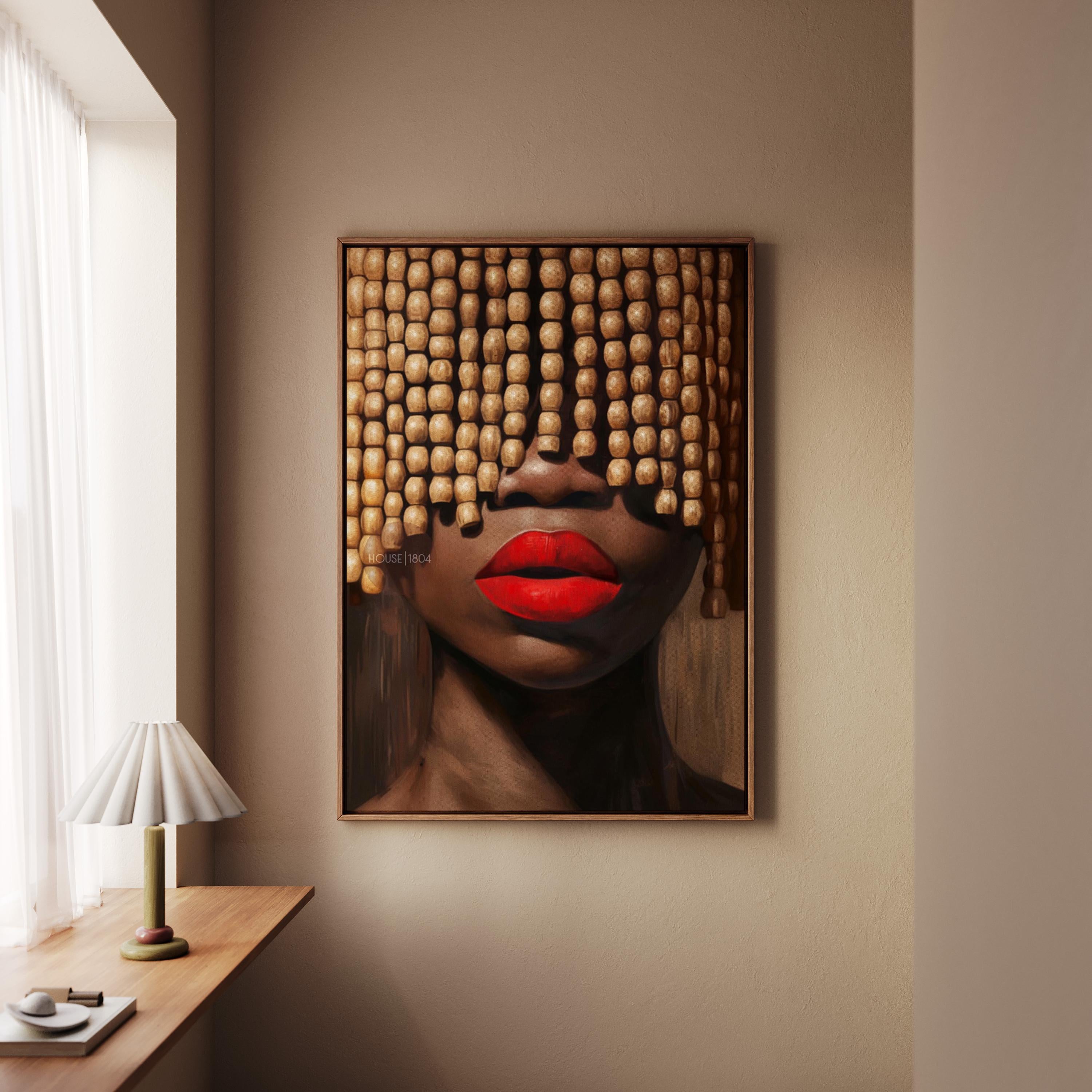 Black Woman Art Print: Beaded Headpiece Wall Art, Bold Black Woman Wall Art, Black Interior Design Print, African American Canvas Decor