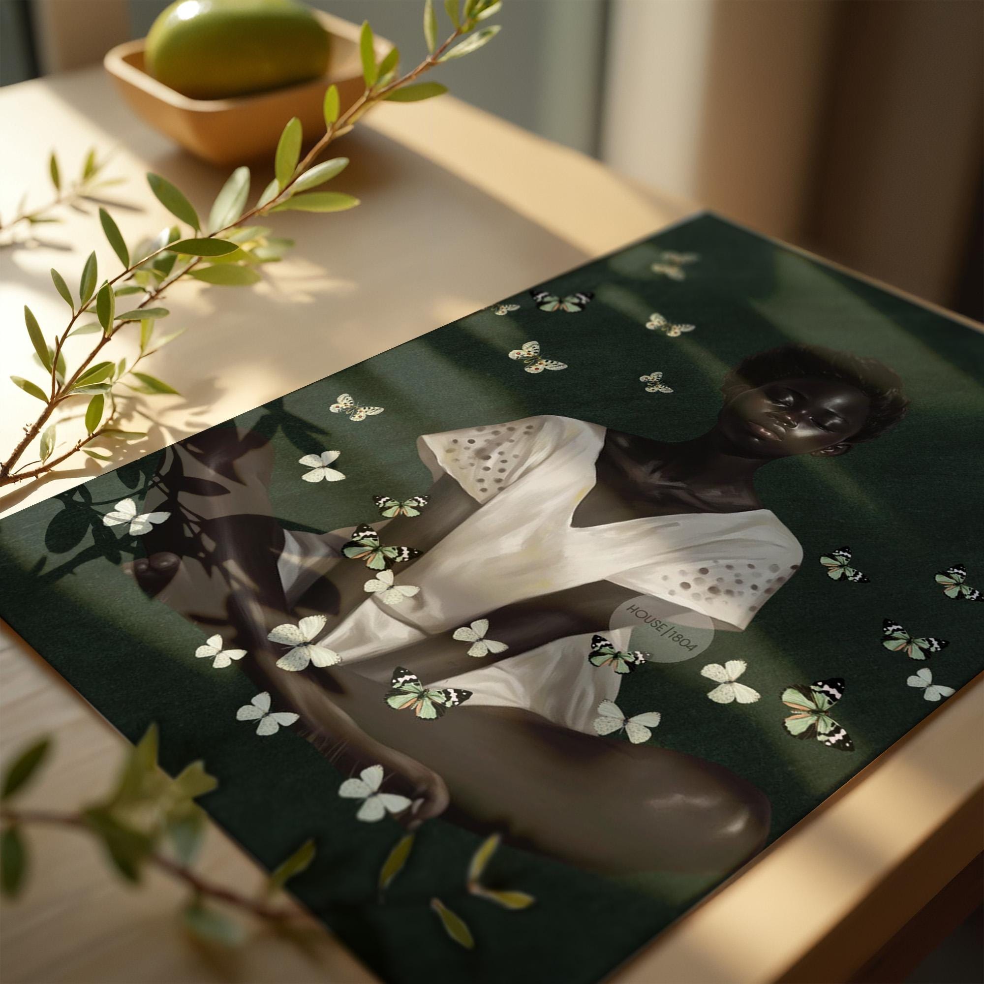 Black Woman Wall Art – Deep Green Serene Art Print With White Butterfly Portrait
