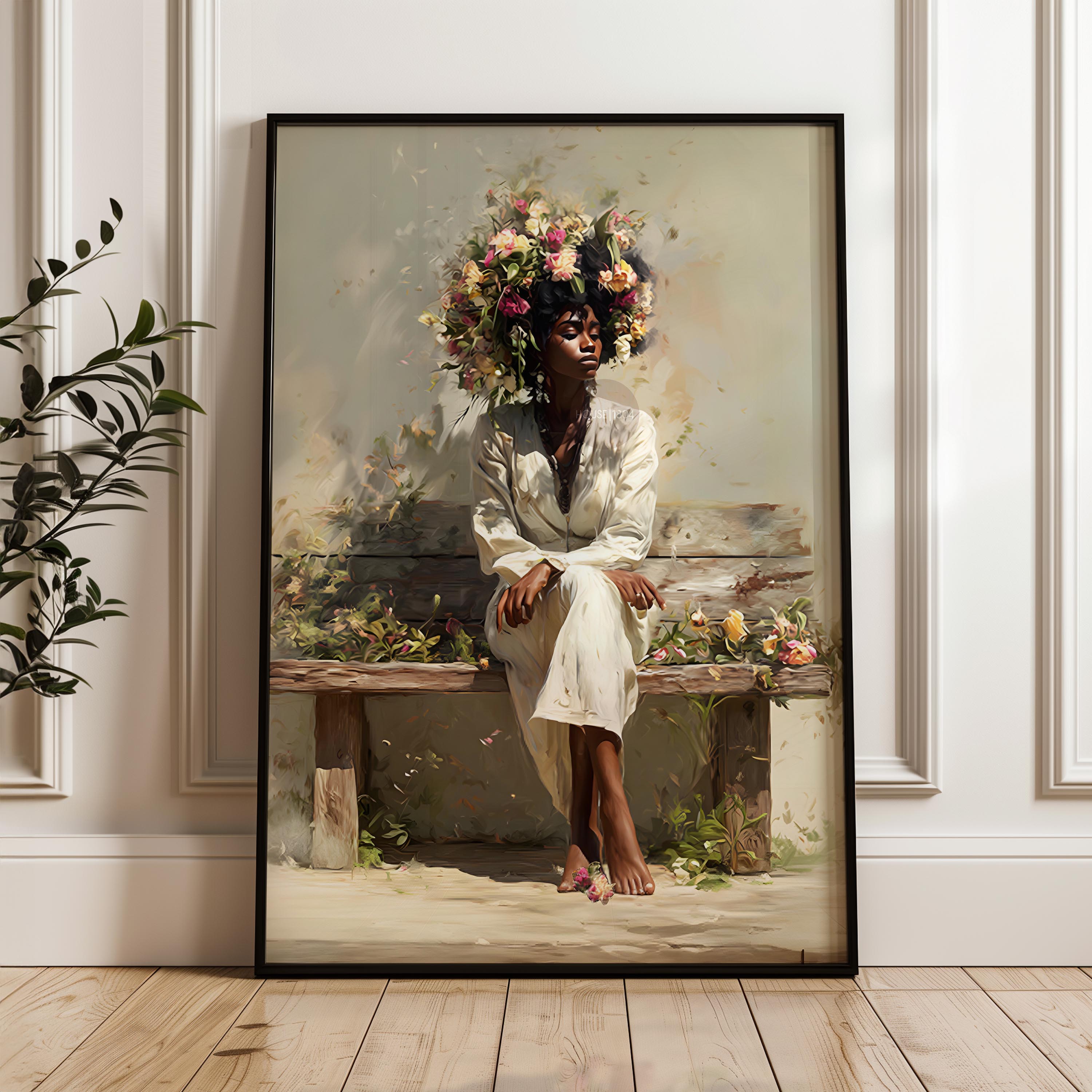 Bohemian Black Woman Floral Canvas Art