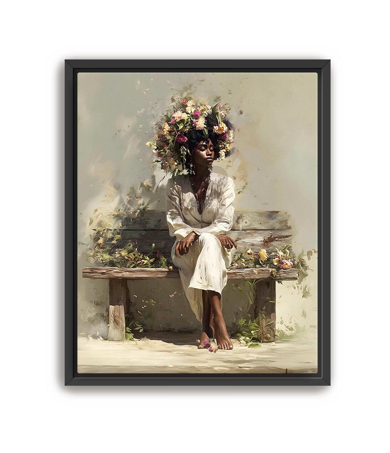 Bohemian Black Woman Floral Canvas Art