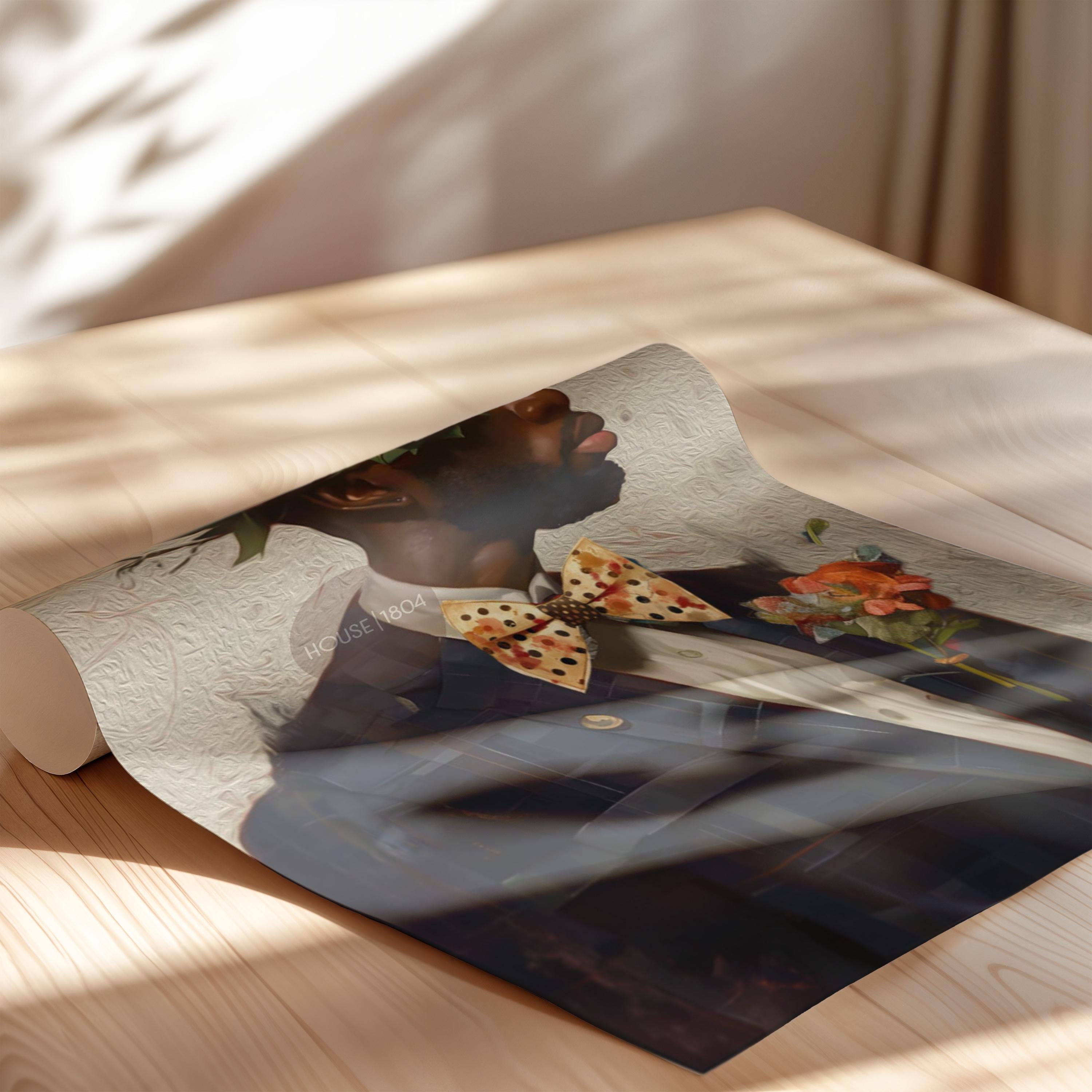 Black Man Suit Wall Art, Flower Beard Art, Vintage Portrait,