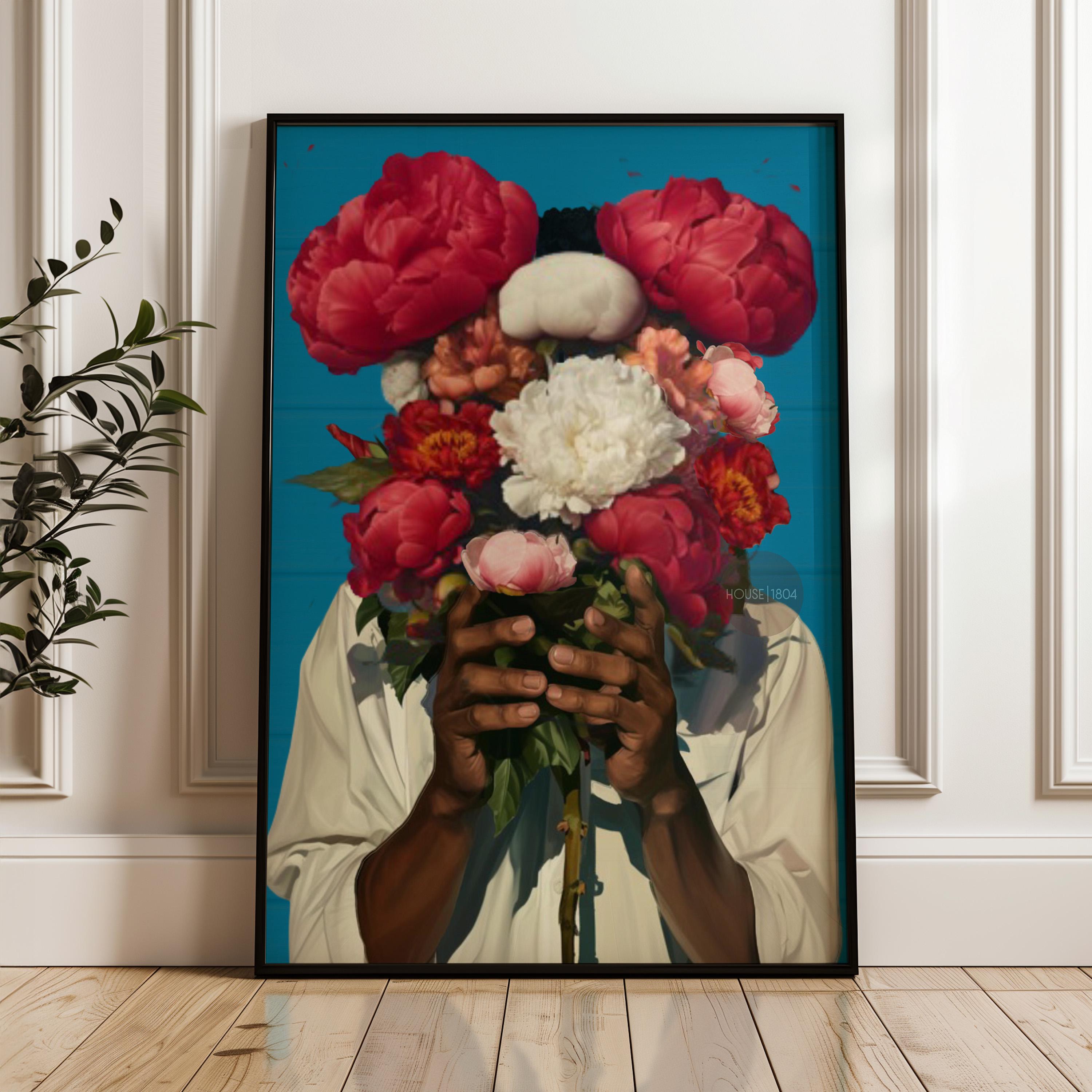 Abstract Floral Portrait Art Print: Black Man Holding Flowers