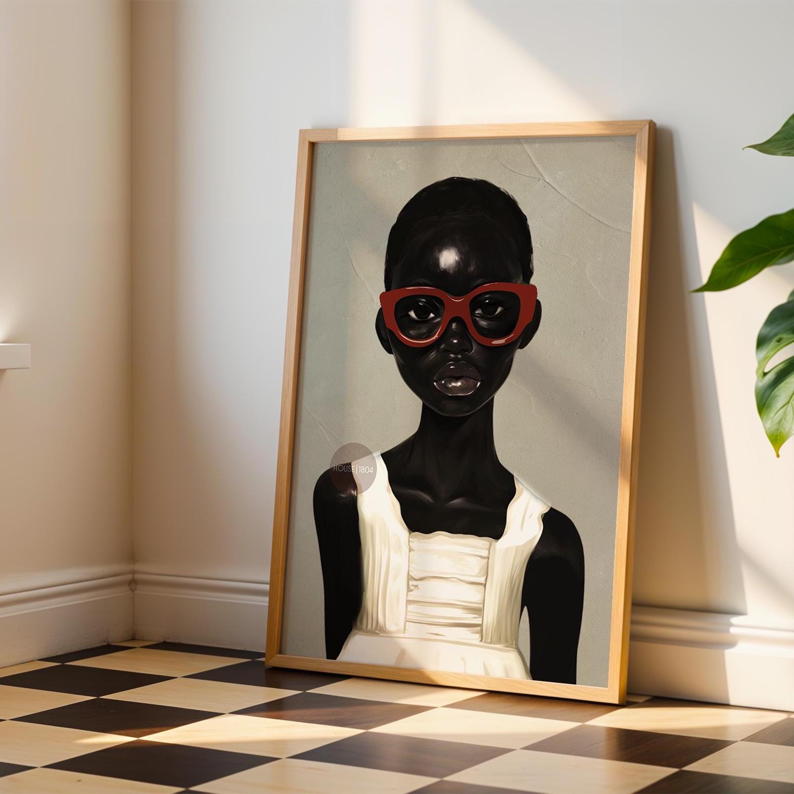 African American Girl Portrait Canvas Print, Red Burgundy + Beige