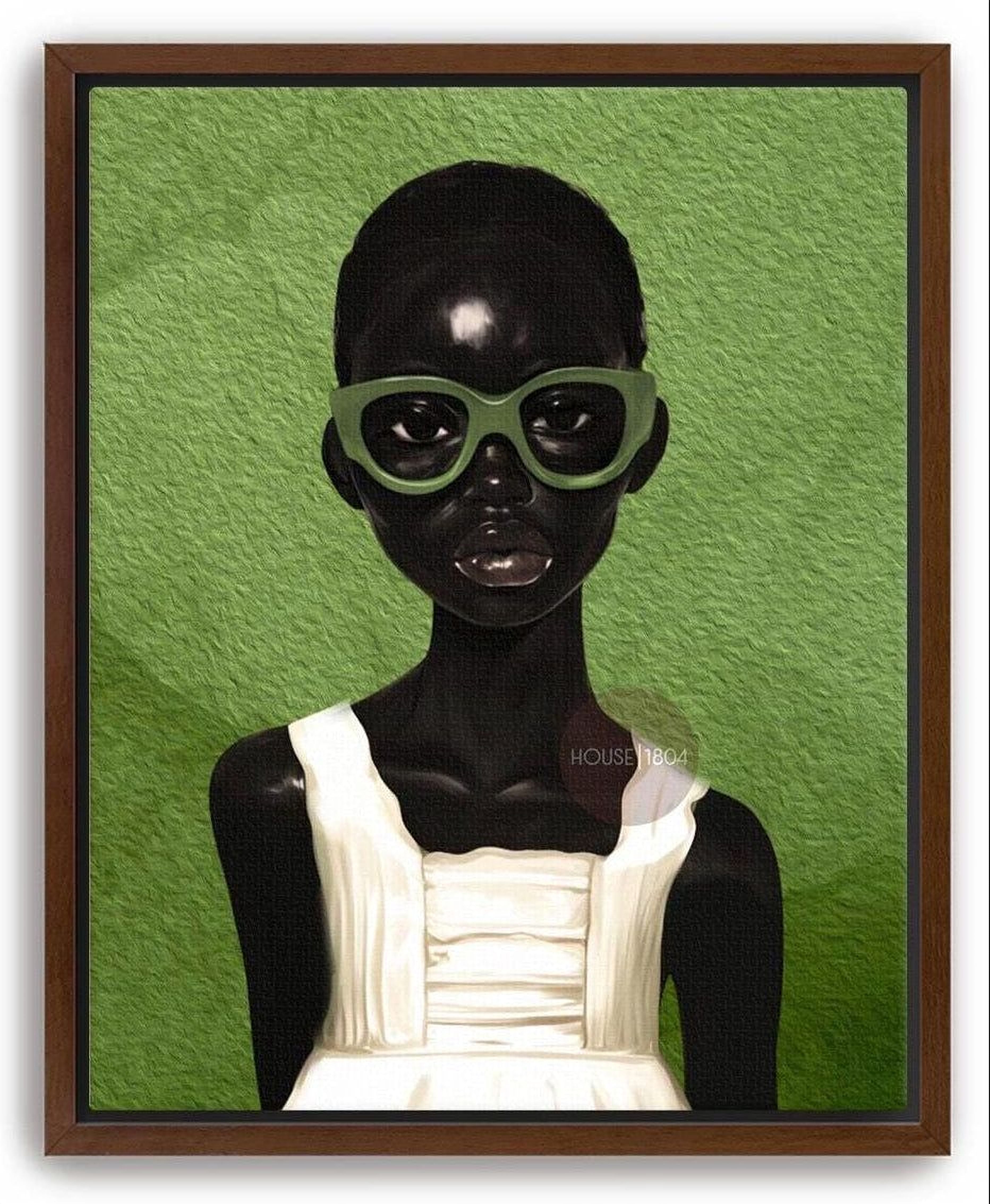 Green abstract Black girl portrait canvas art modern bohemian wall decor