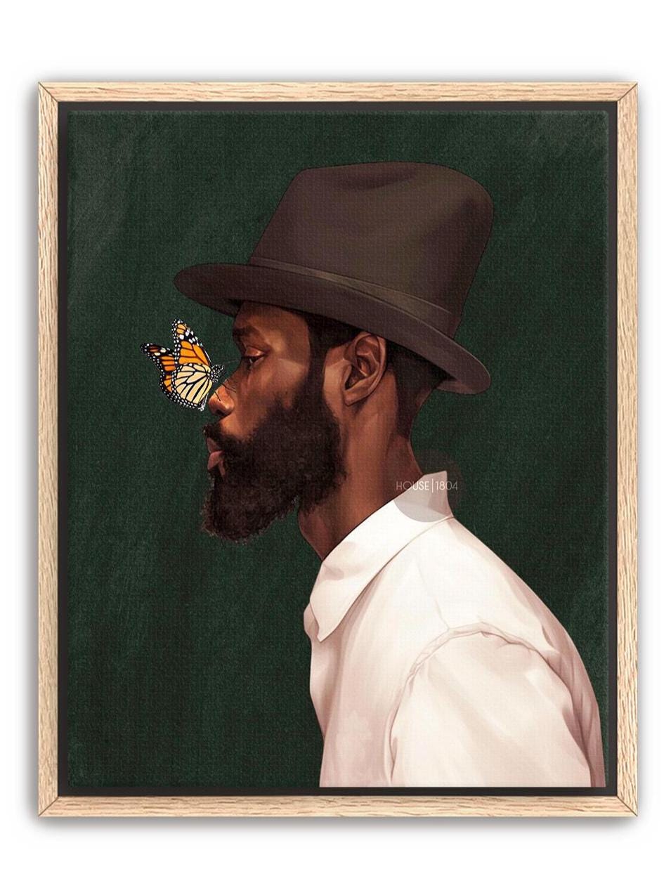 Black Man Side Top Hat Art Print: Butterfly, Afrocentric Green Art Decor