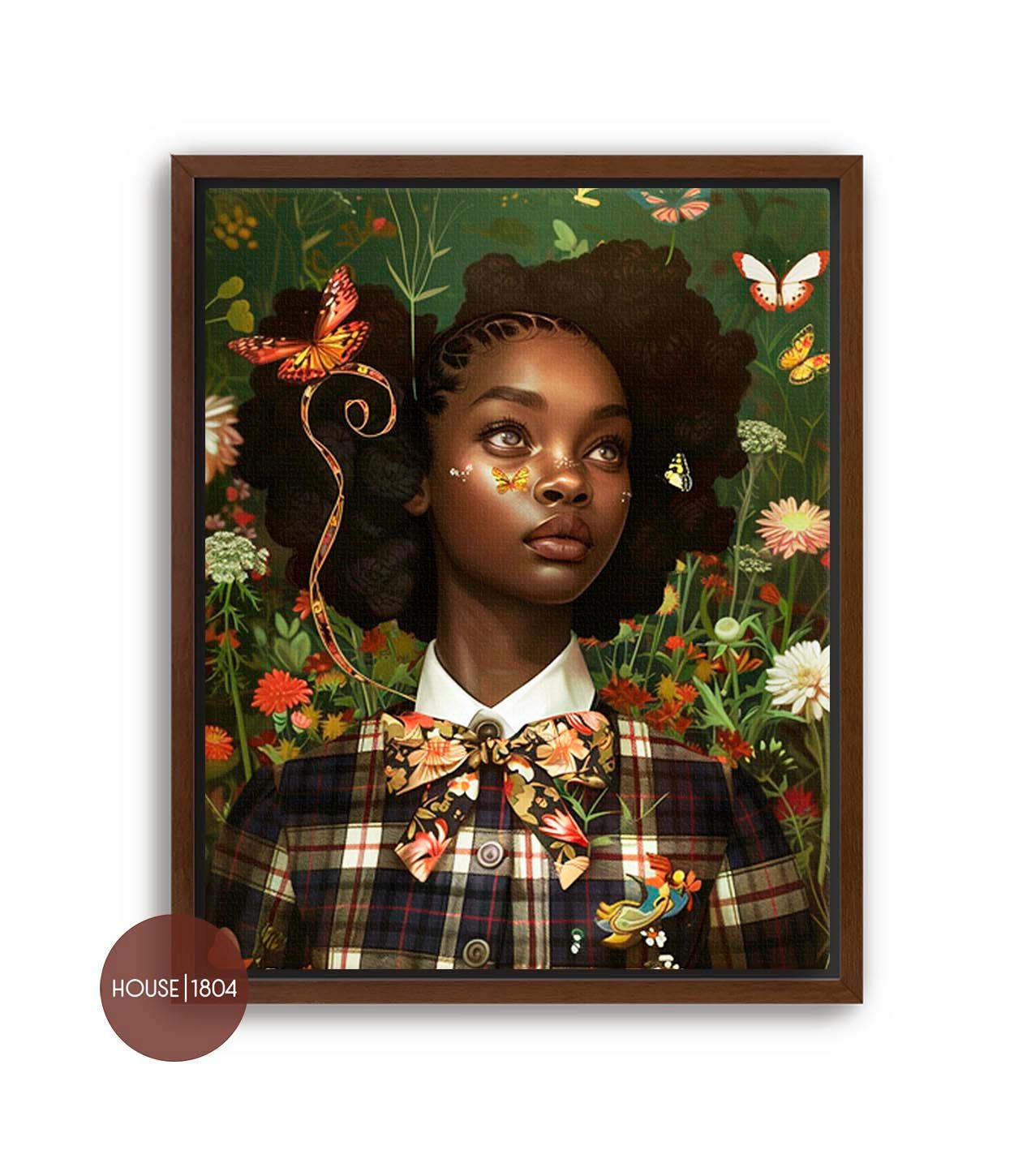 Futuristic School Girl Art, Black Girl Art Print, Black Boho Floral Art, Black Art Print, Bohemian Home Decor, Modern Caribbean School Girl