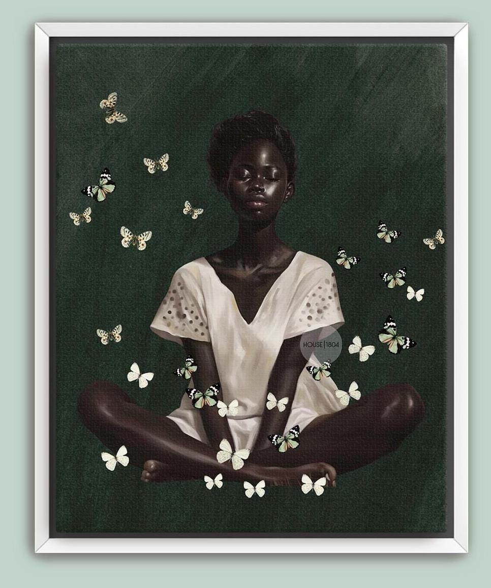 Black Woman Wall Art – Deep Green Serene Art Print With White Butterfly Portrait