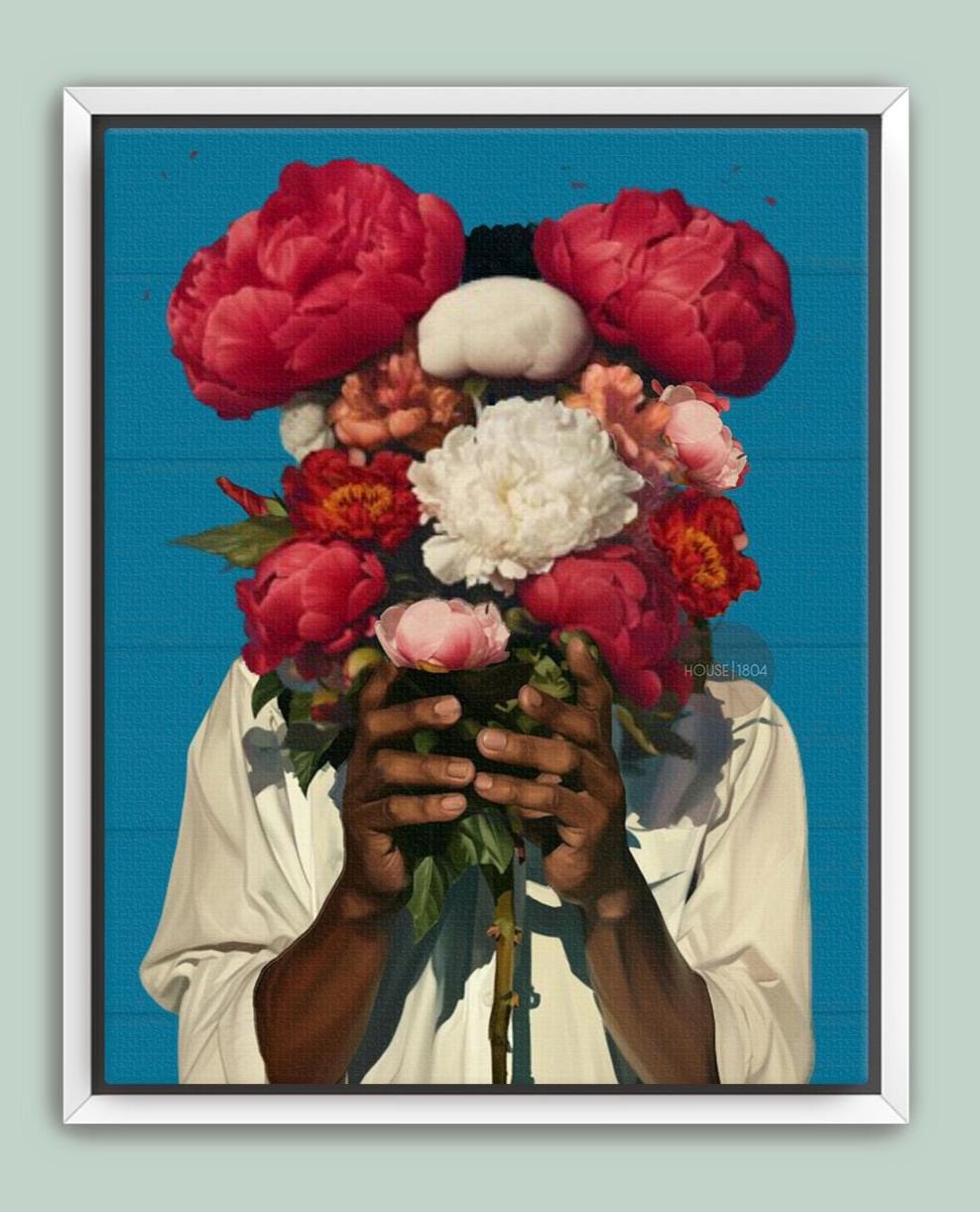 Abstract Floral Portrait Art Print: Black Man Holding Flowers