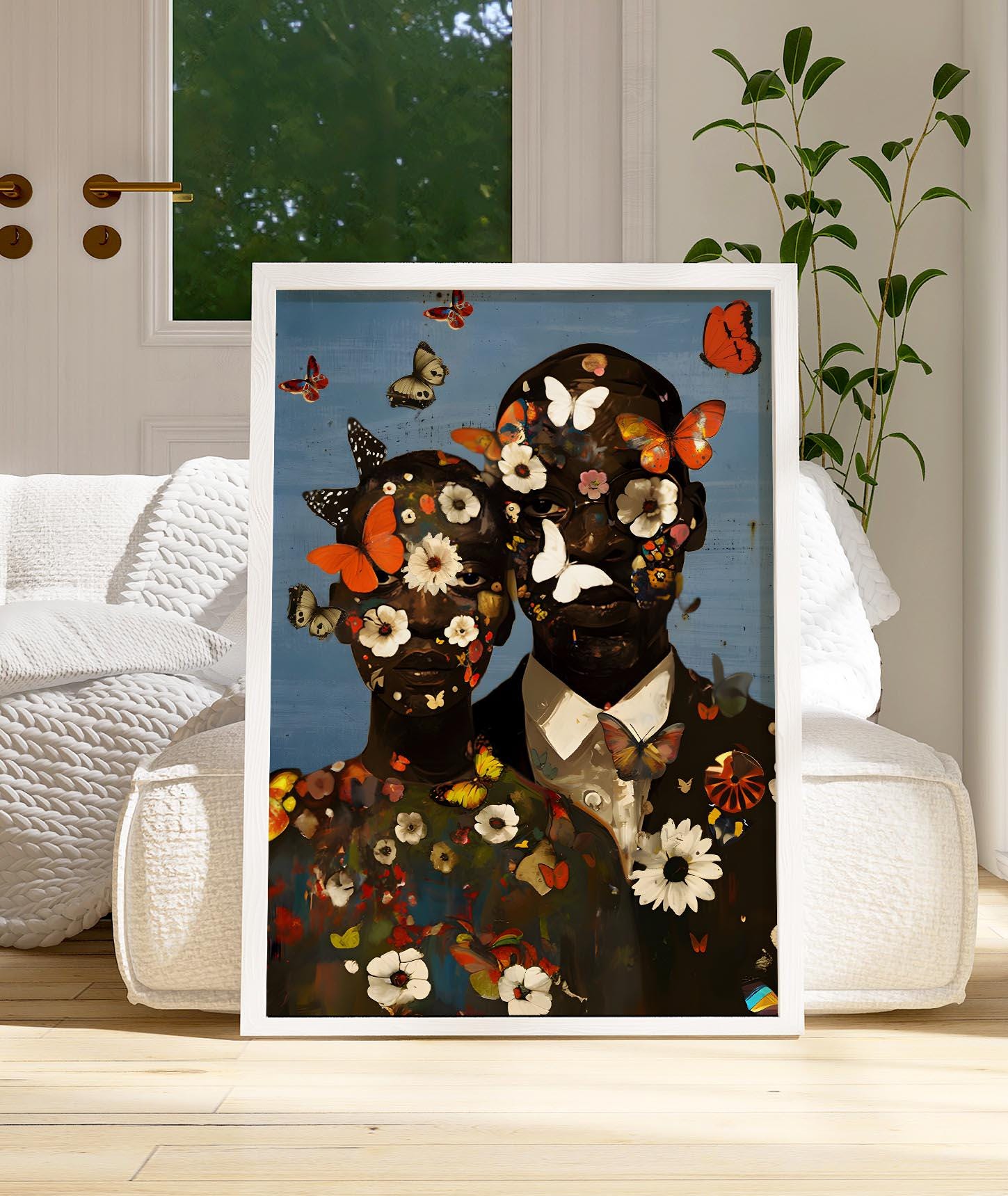 Black Couple Art, Black Couple Boho Art, Black King and Queen, Man and Woman, Black Love Wall Art, African American, Abstract Romantic Black