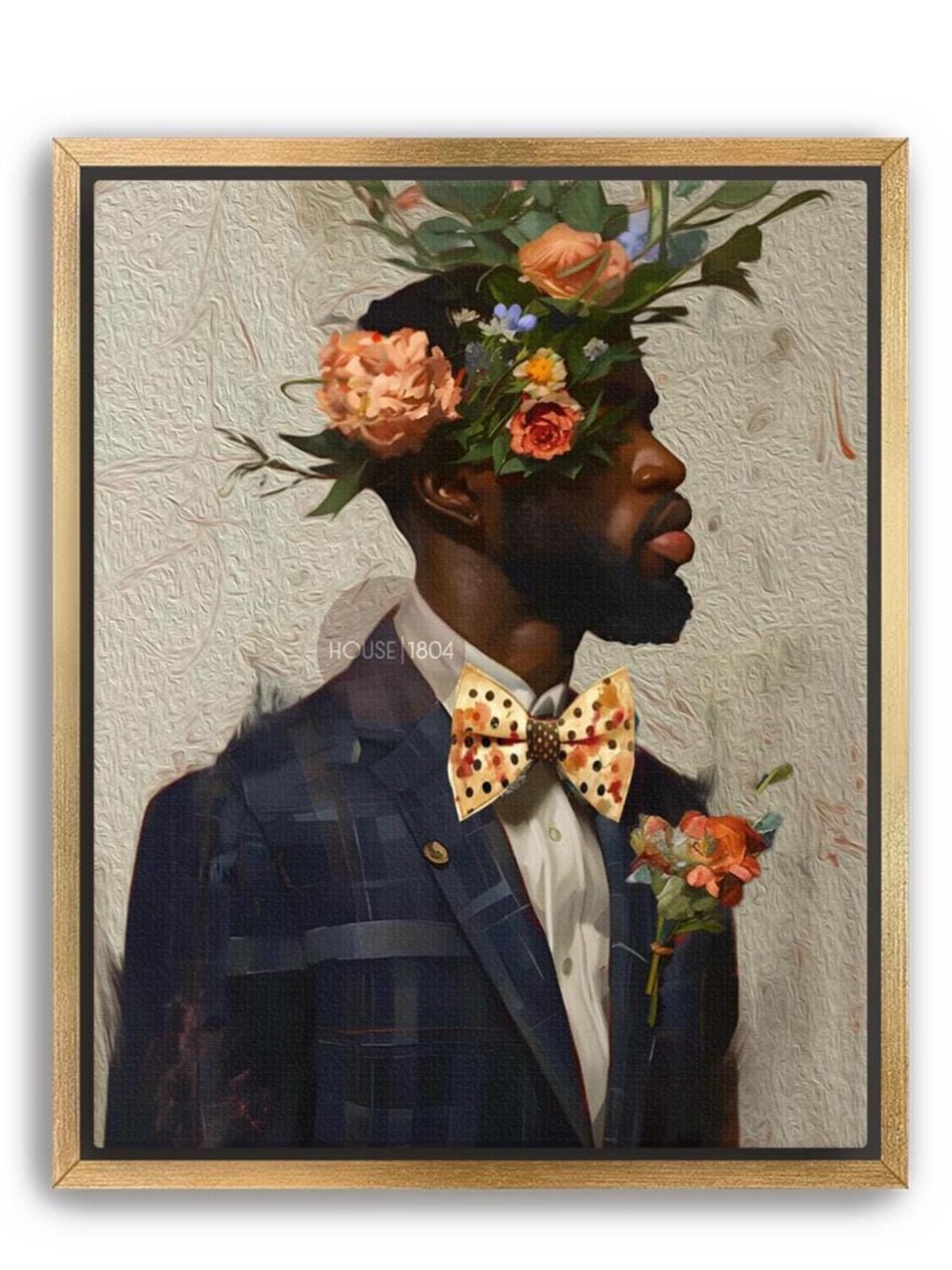 Black Man Suit Wall Art, Flower Beard Art, Vintage Portrait,