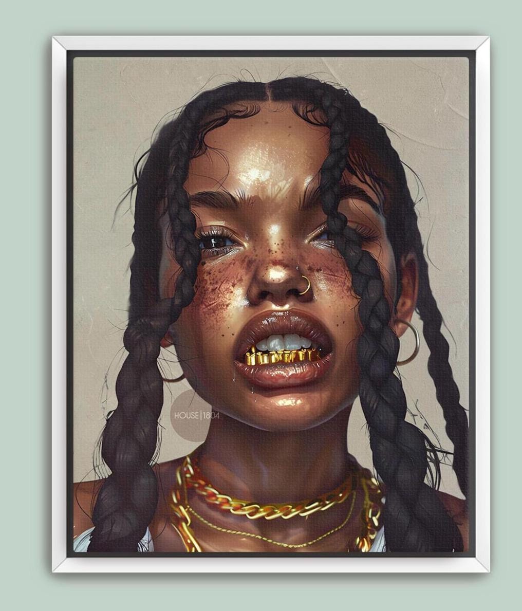 Black Girl Canvas Artwork: African American Grillz Art Print, Urban Boho Neutral Decor