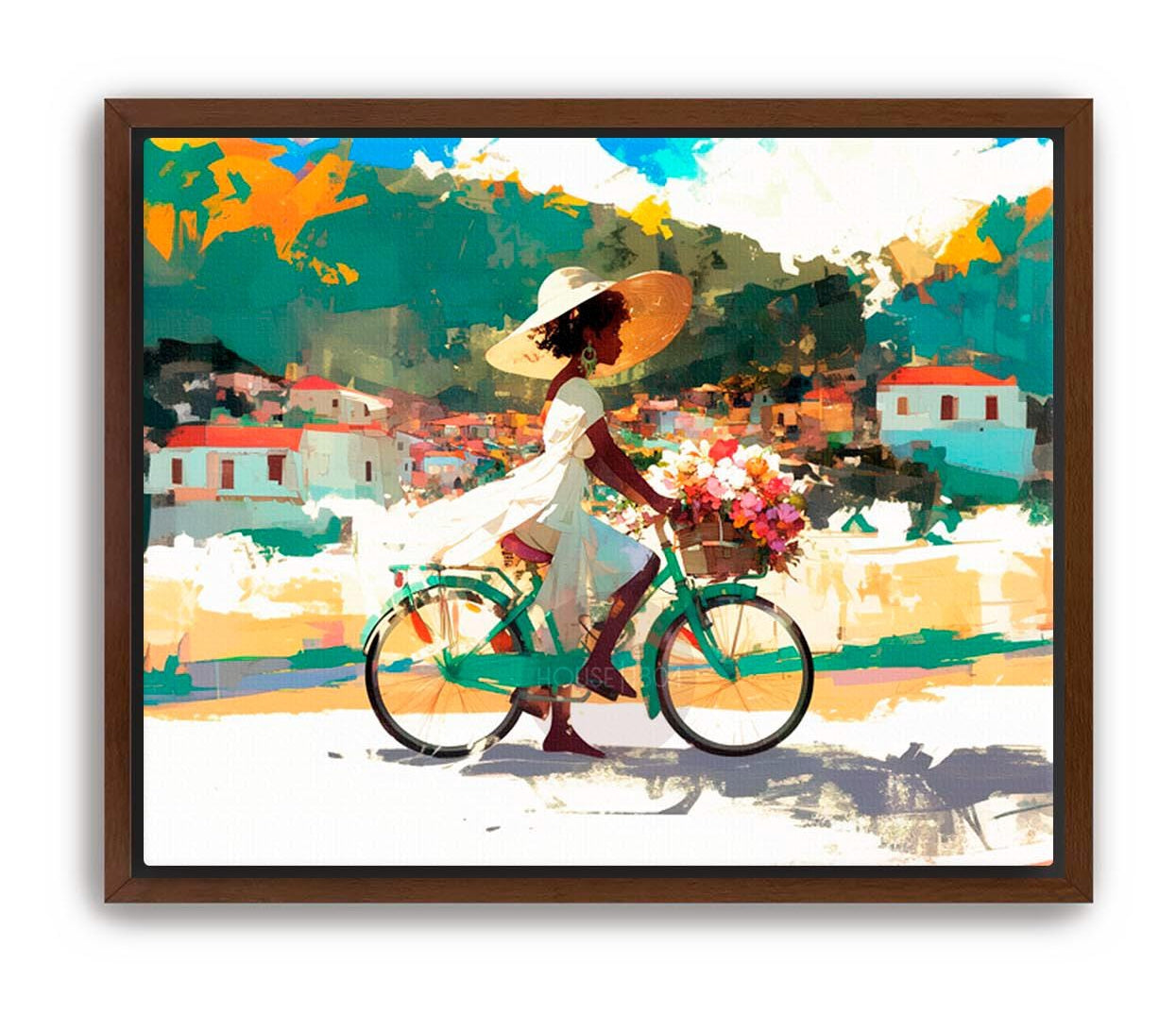 Black Woman Riding Bicycle Artwork, Caribbean Countryside Art