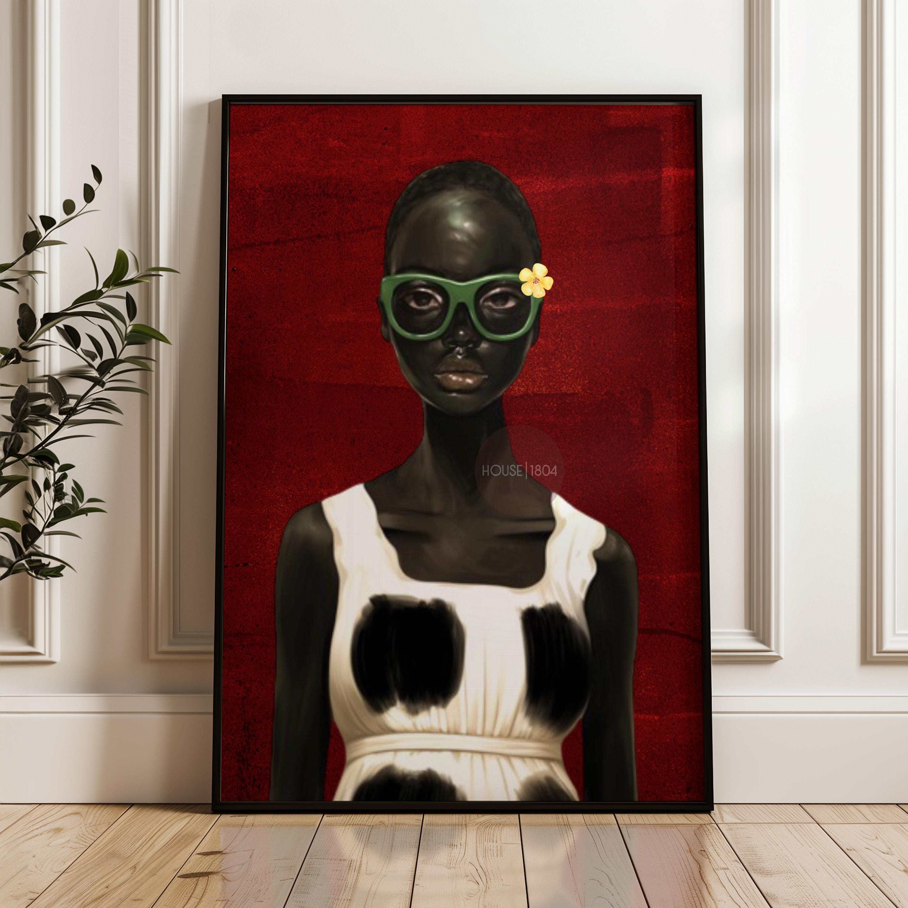 Bold Afrocentric Woman Art Print: Red, Black, White Decor