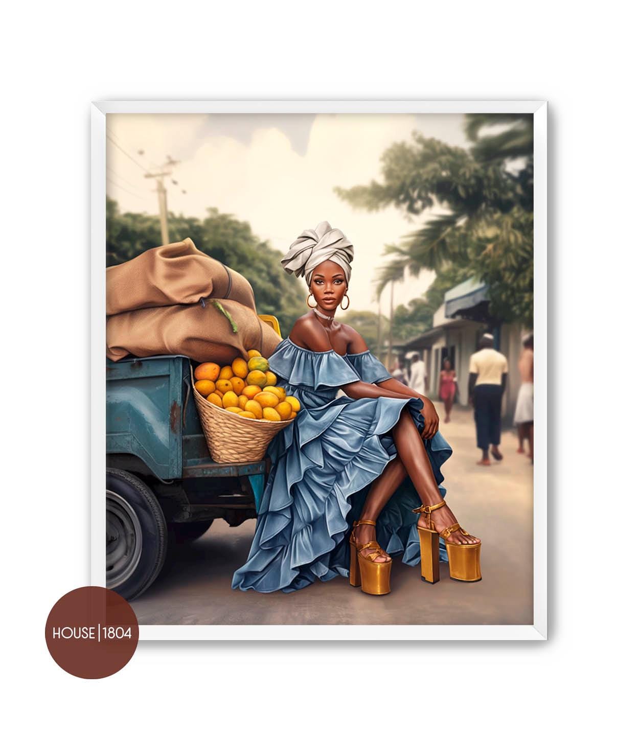 Karabela Art, Black Woman Art Canvas, Bohemian Art, Caribbean Art Prints, Black Country Setting Art, Black Art Framed, Black Woman Artwork