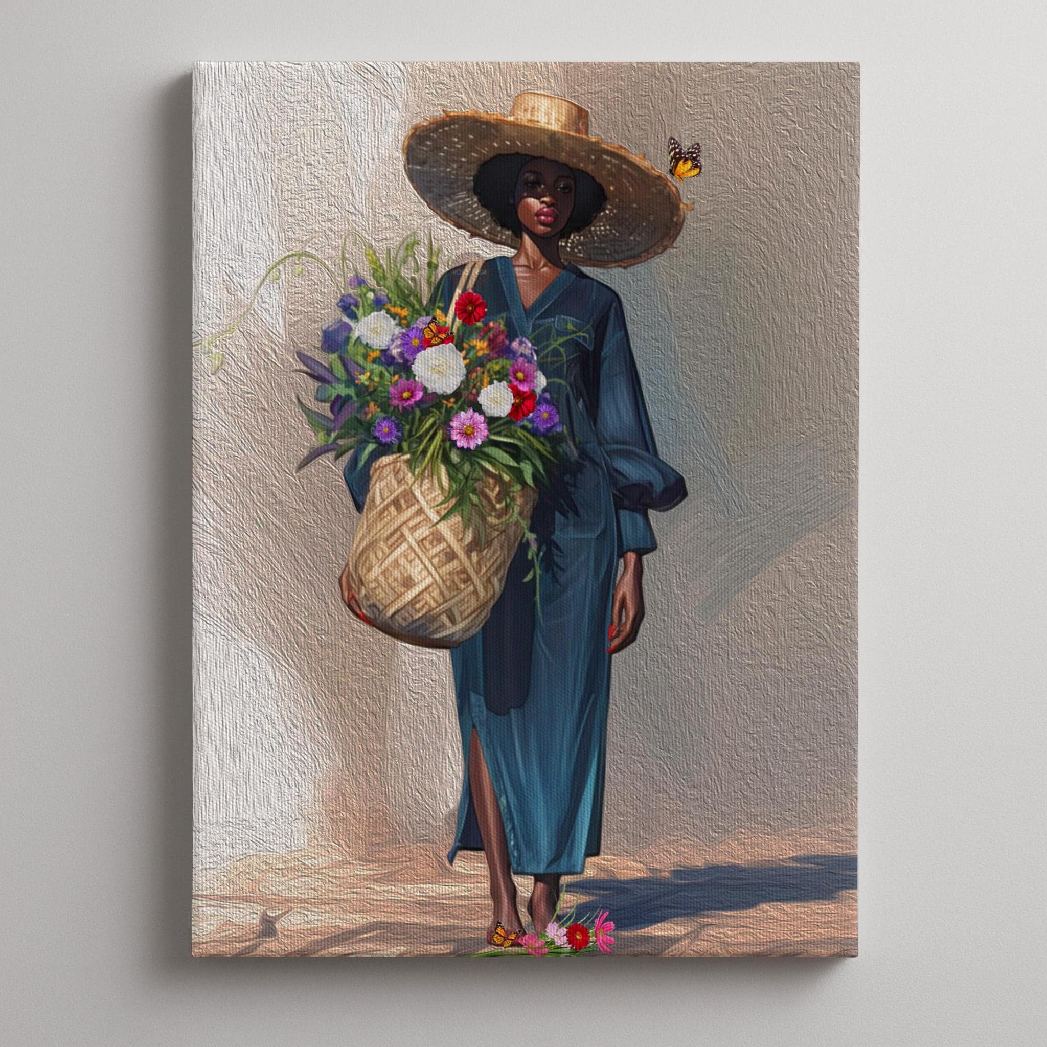 Black Woman Floral Canvas Art, Tropical Botanical Woman Portrait, Plant Lady with Flowers Canvas Art