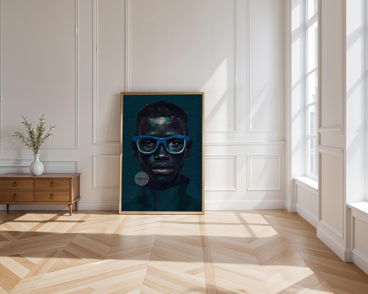 Modern Black Boy Art, Blue Portrait Art Fine Print Canvas | Framed or Unframed