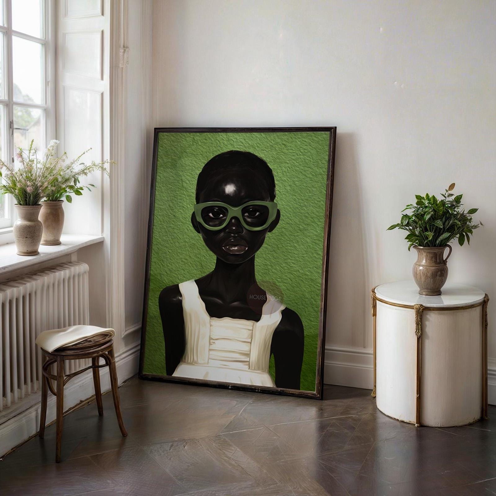 Urban bohemian Black girl canvas print in rich green modern wall decor