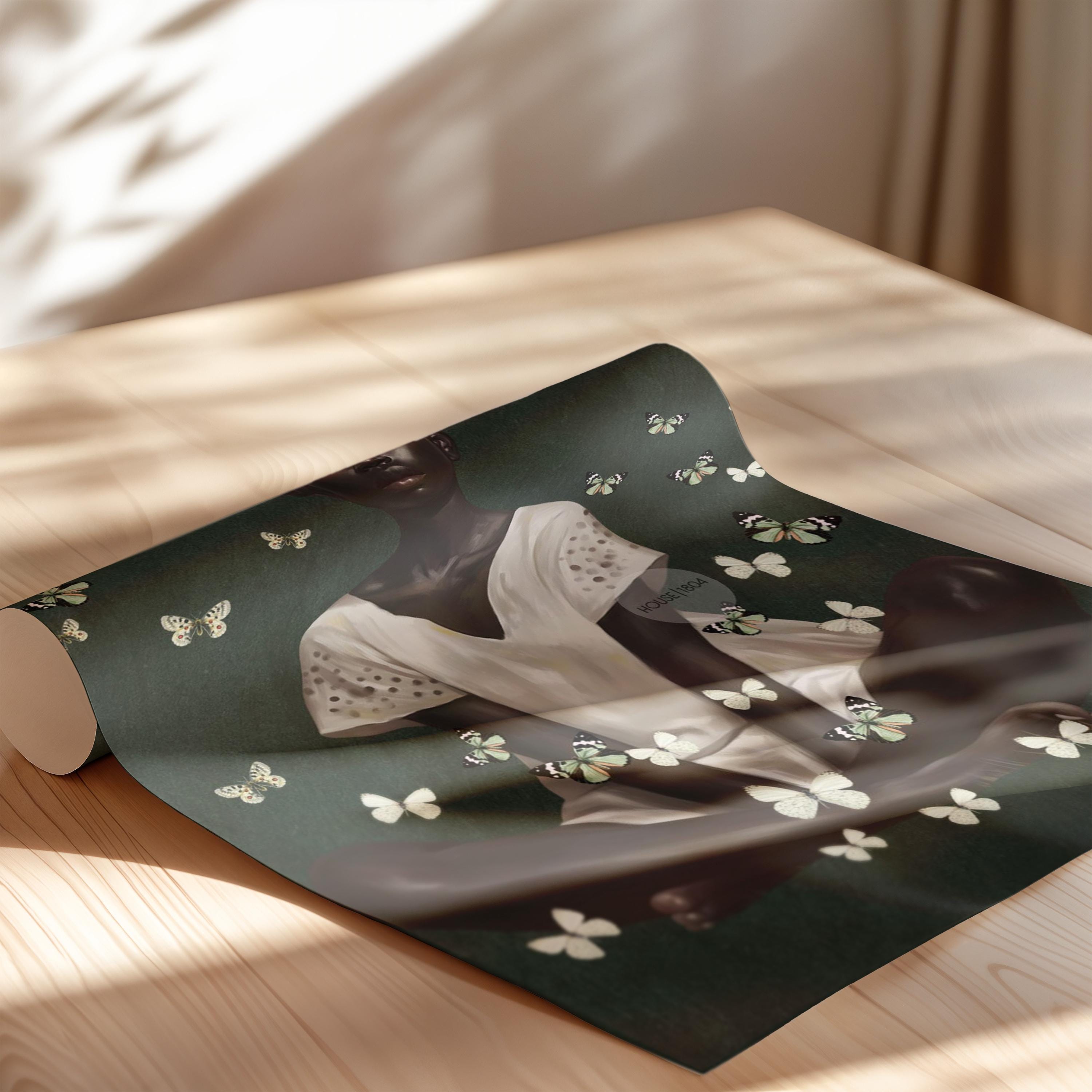 Black Woman Wall Art – Deep Green Serene Art Print With White Butterfly Portrait