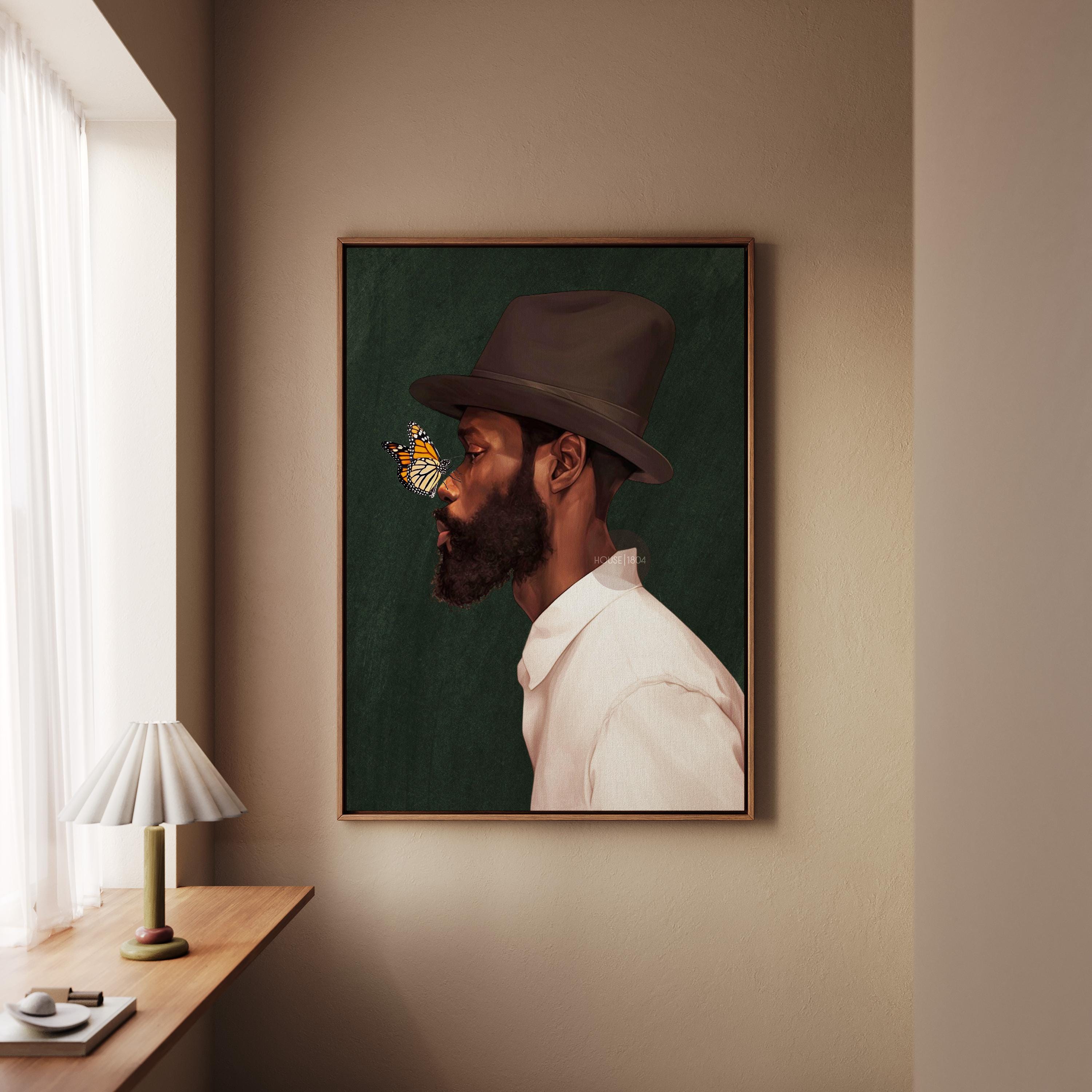 Black Man Side Top Hat Art Print: Butterfly, Afrocentric Green Art Decor