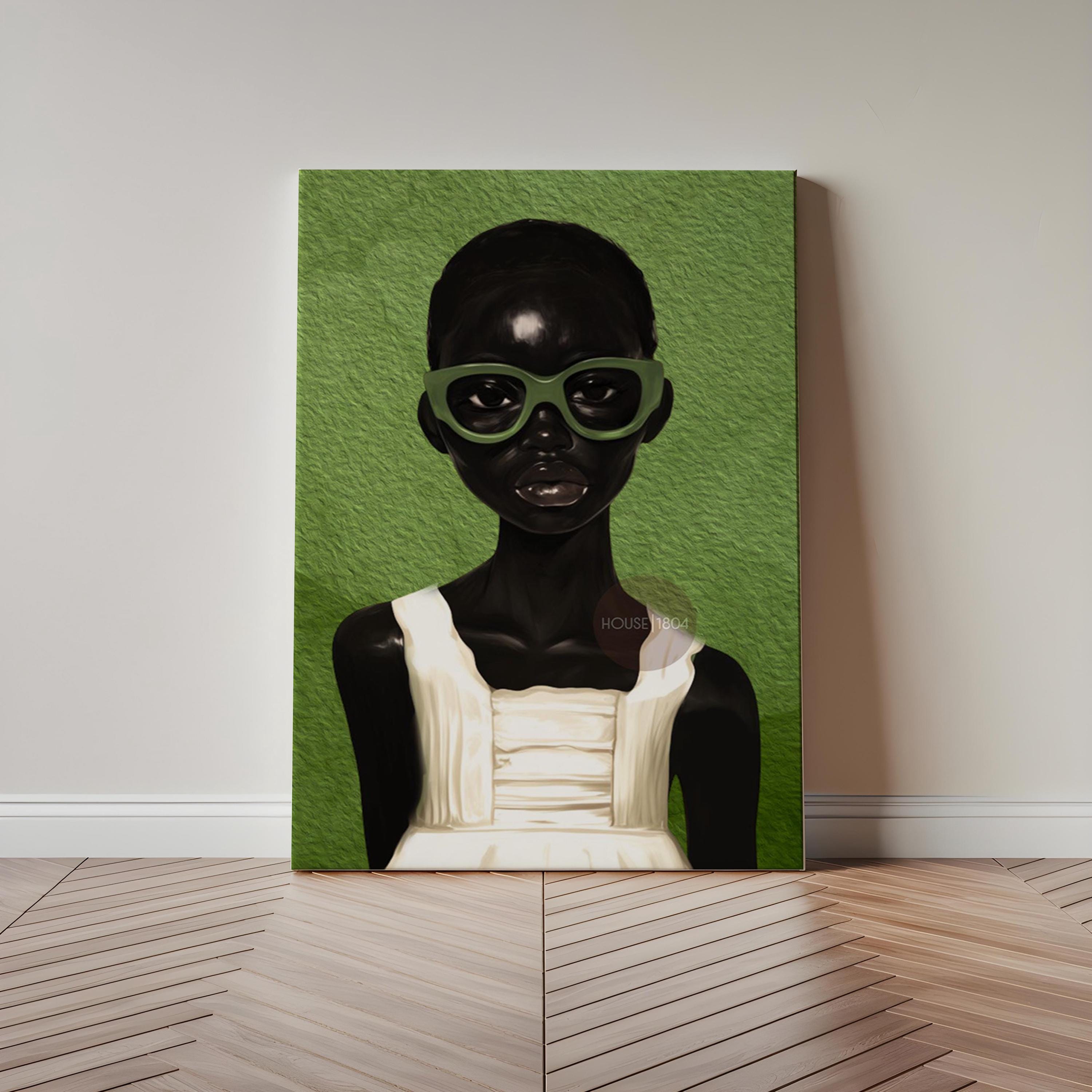 Framed canvas green abstract Black girl portrait wall art statement piece
