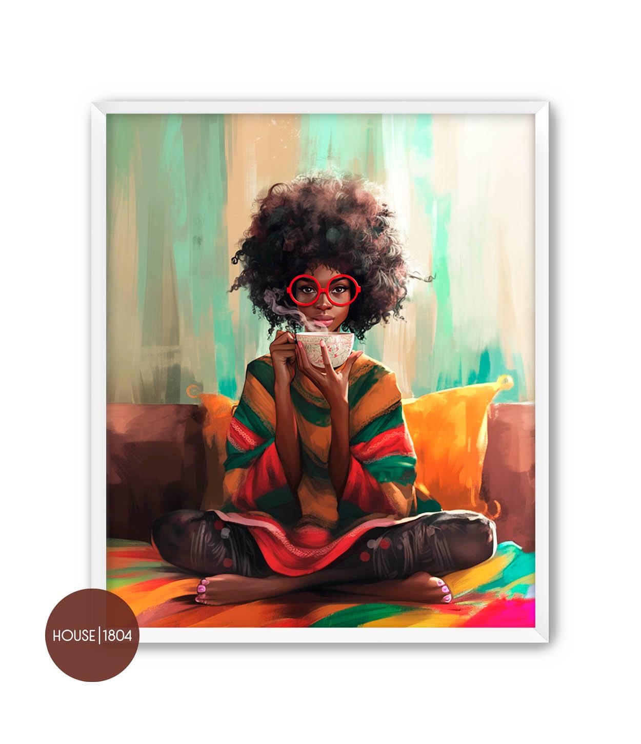 Black Woman Coffee Tea Wall Art, Girl with Coffee Poster, Afro Wall Art, Black Woman Print, Black Bohemian Art, Black Woman Wall Art