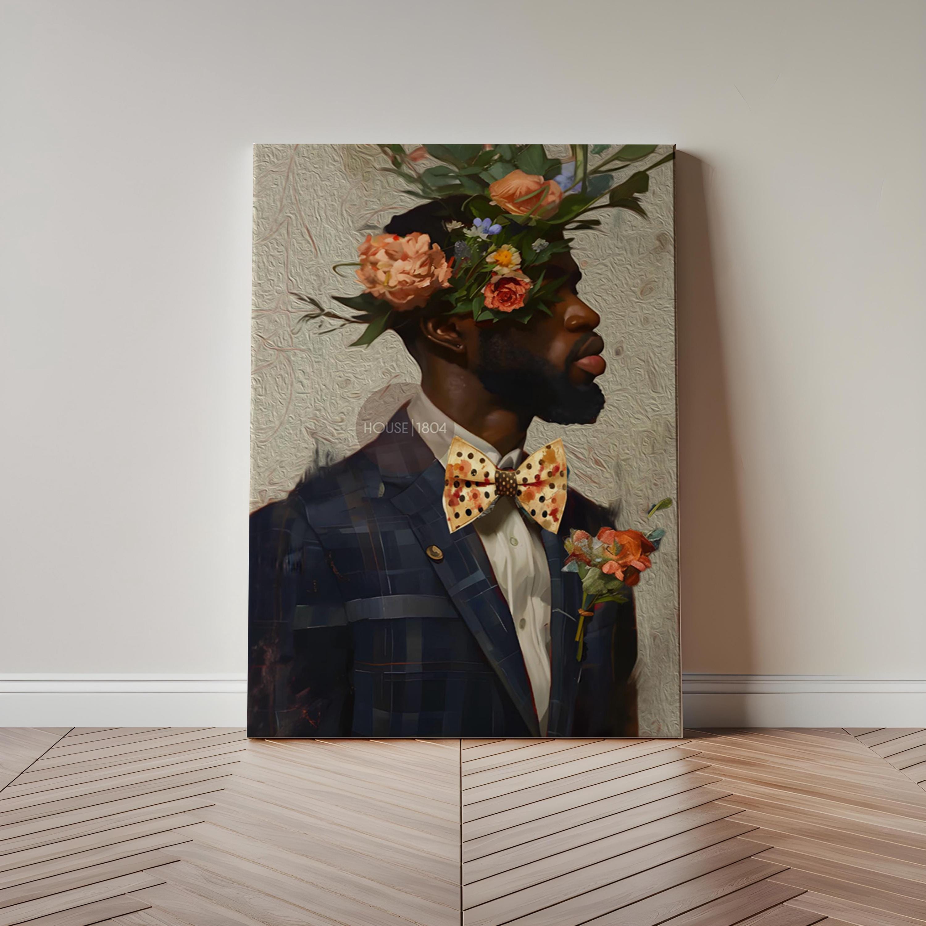 Black Man Suit Wall Art, Flower Beard Art, Vintage Portrait,