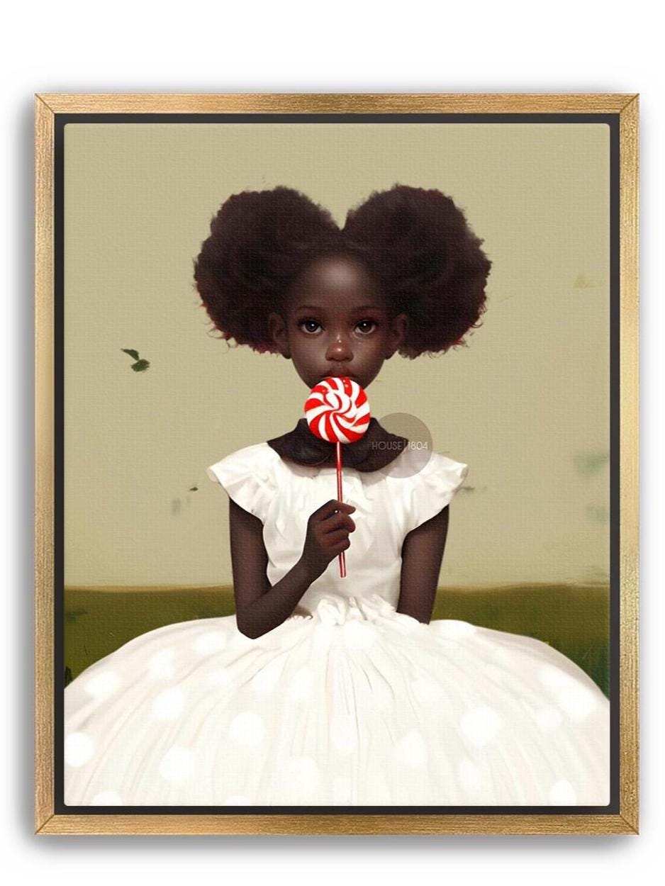 Little Black Girl Wall Art, Lollipop Art, Black Girl Princess Art