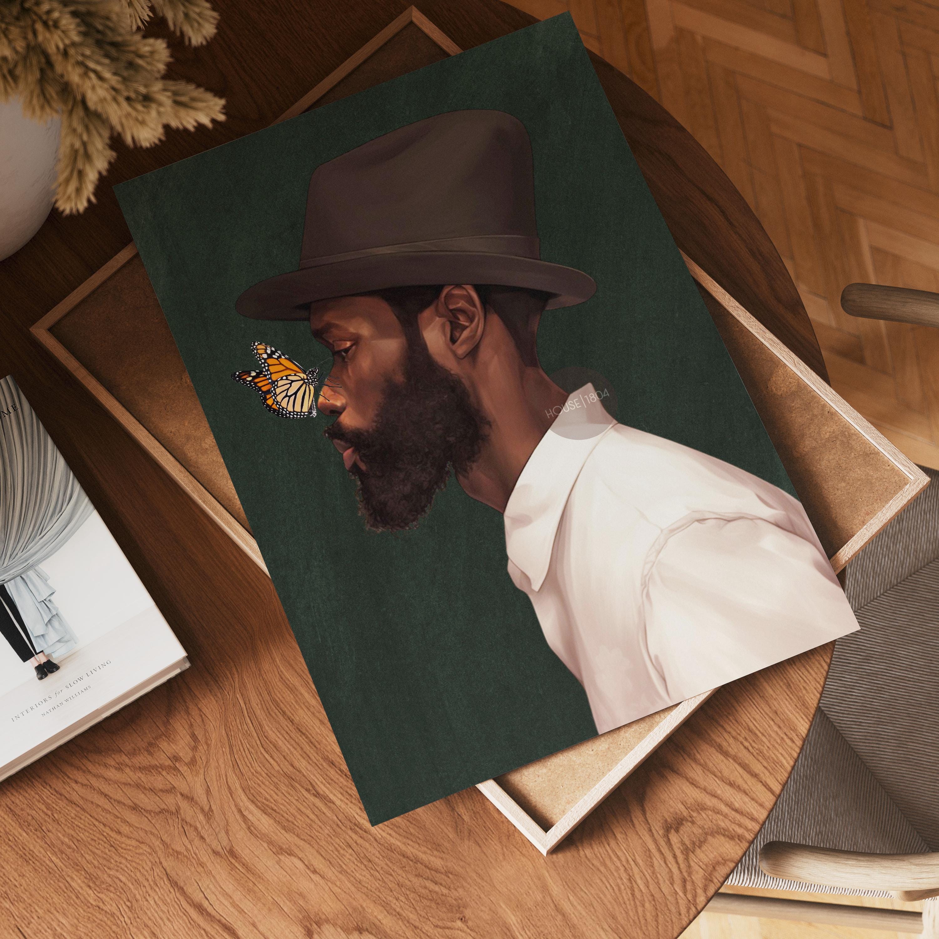 Black Man Side Top Hat Art Print: Butterfly, Afrocentric Green Art Decor