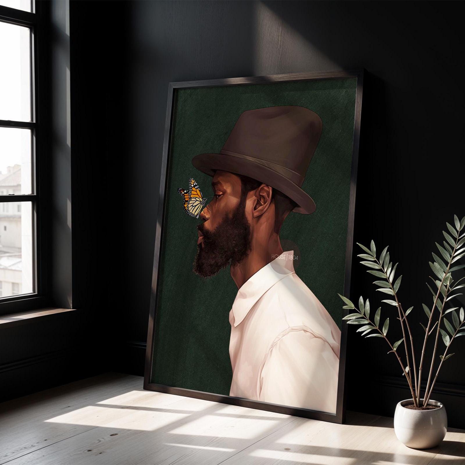 Black Man Side Top Hat Art Print: Butterfly, Afrocentric Green Art Decor