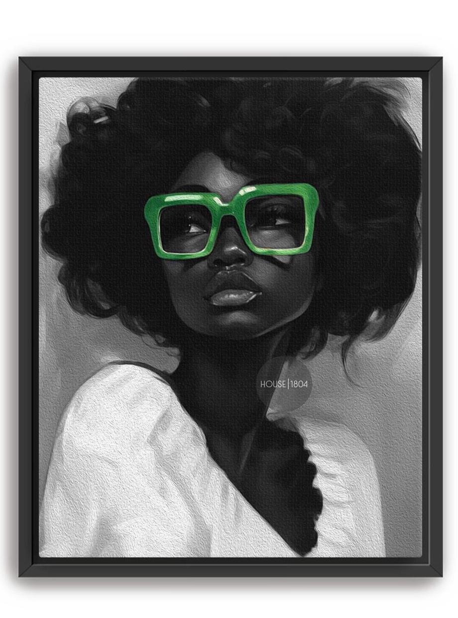 Black Woman Canvas Art - Bold Green Glasses Framed Black and White Portrait Print