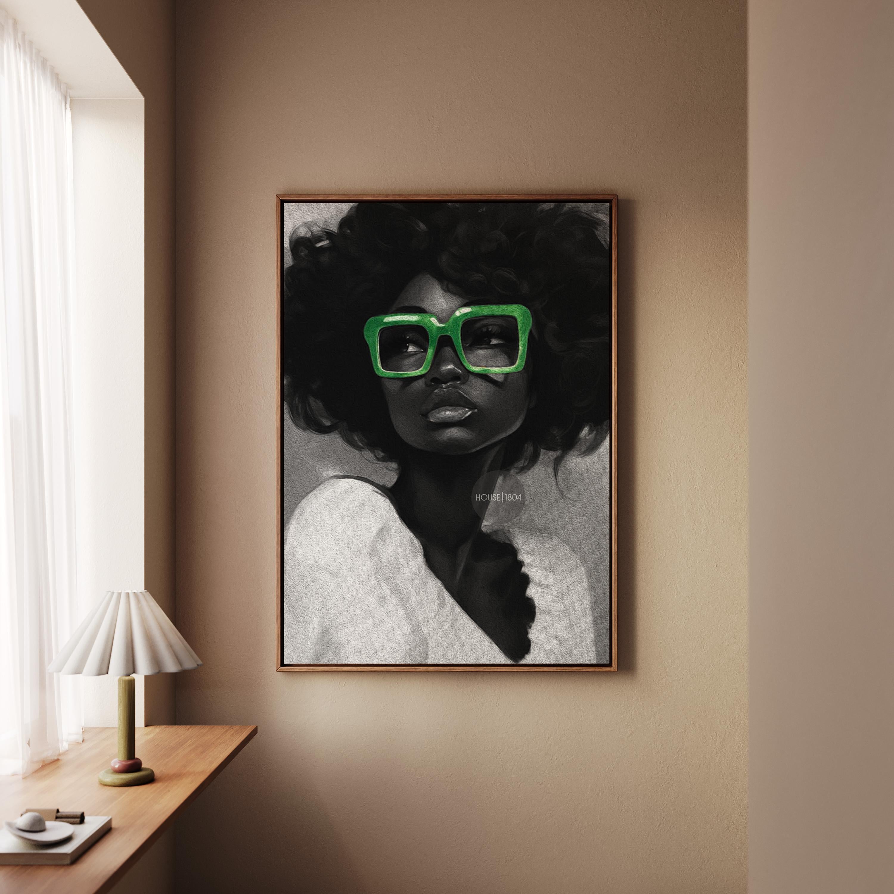 Black Woman Canvas Art - Bold Green Glasses Framed Black and White Portrait Print