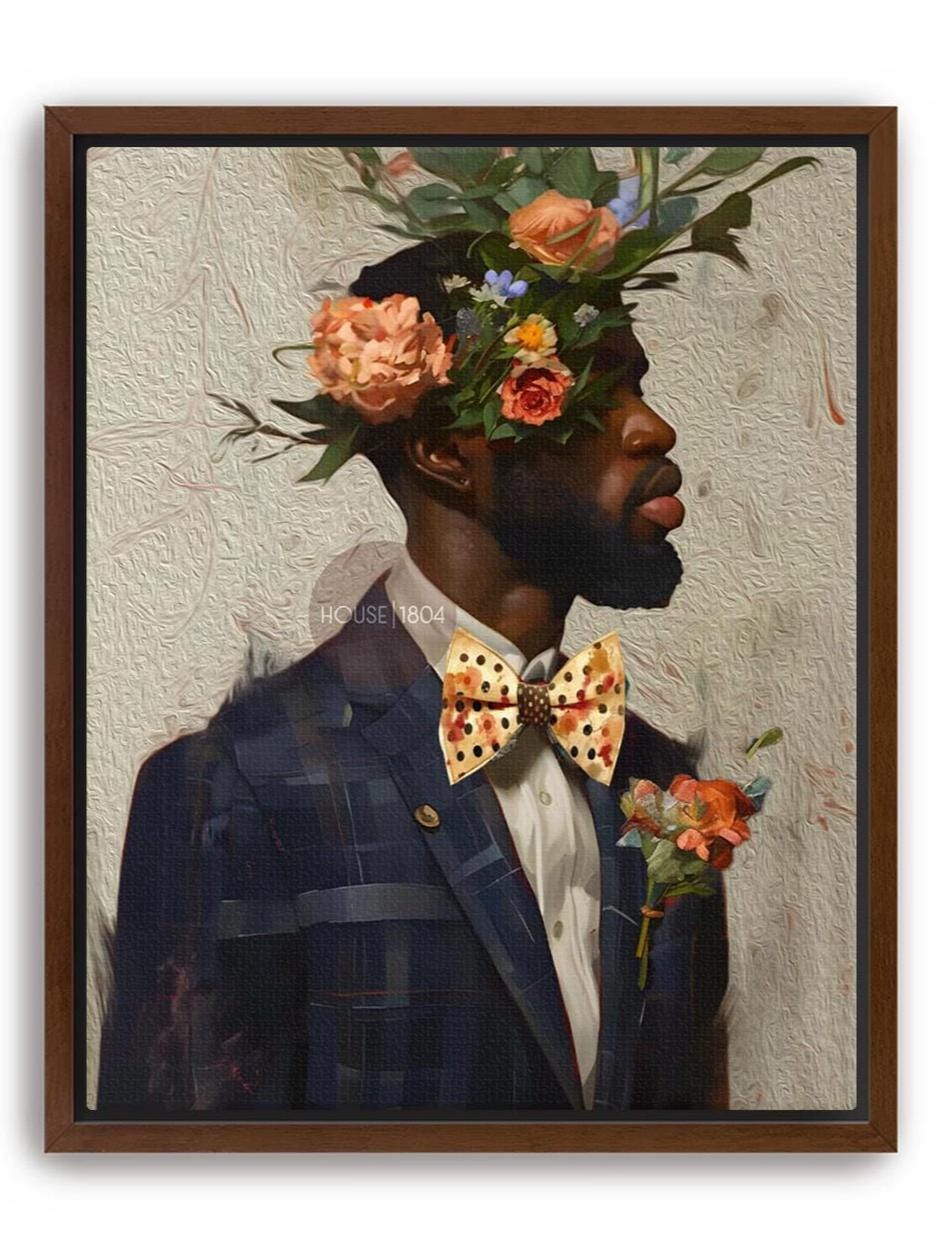 Black Man Suit Wall Art, Flower Beard Art, Vintage Portrait,